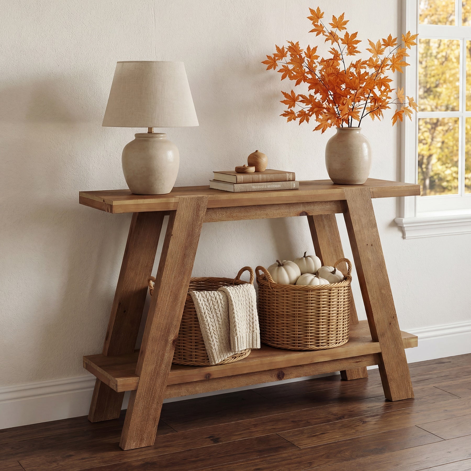 Tribesigns Console étroite en bois massif de 110 cm de long, Style campagnard Table basse avec 2 étagères