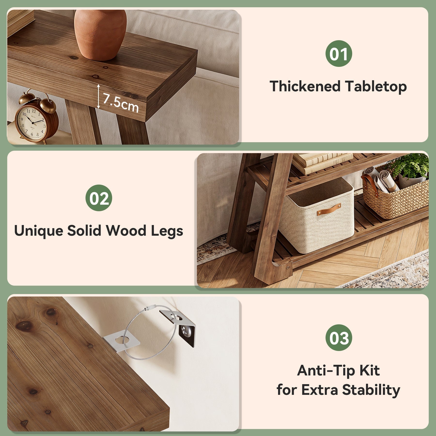 Tribesigns Console en bois massif de 105 cm avec 3 étagères, Style campagnard avec piètement en A