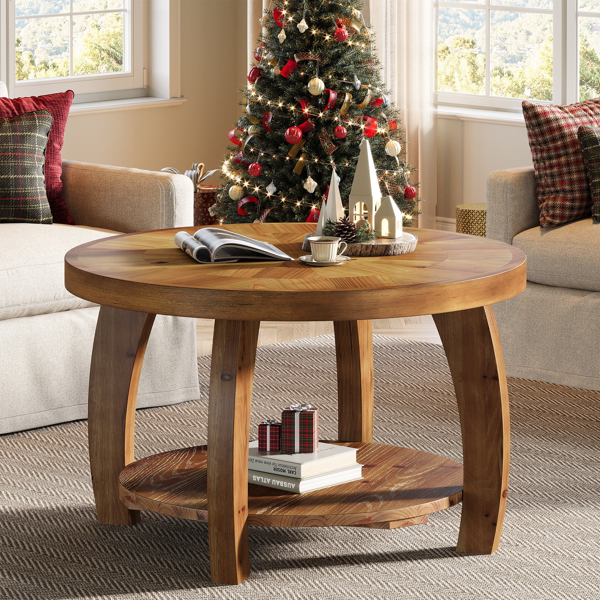Tribesigns Table Basse Ronde en Bois Massif de 80 cm, Table à Deux Niveaux