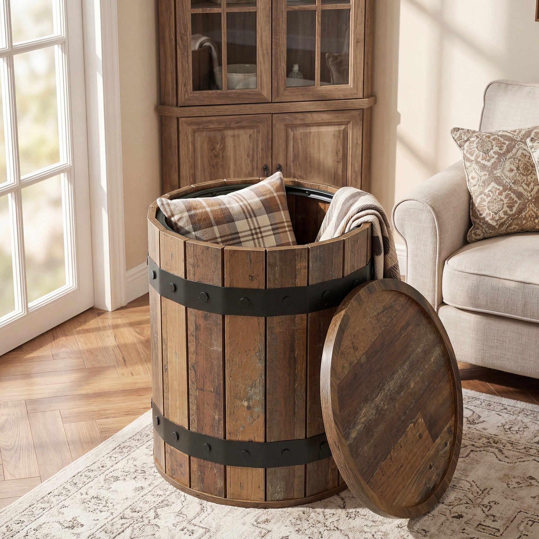 Tribesigns Table d’Appoint Ronde Forme Tonneau avec Rangement, Ø 50 cm, pour Salon et Chambre