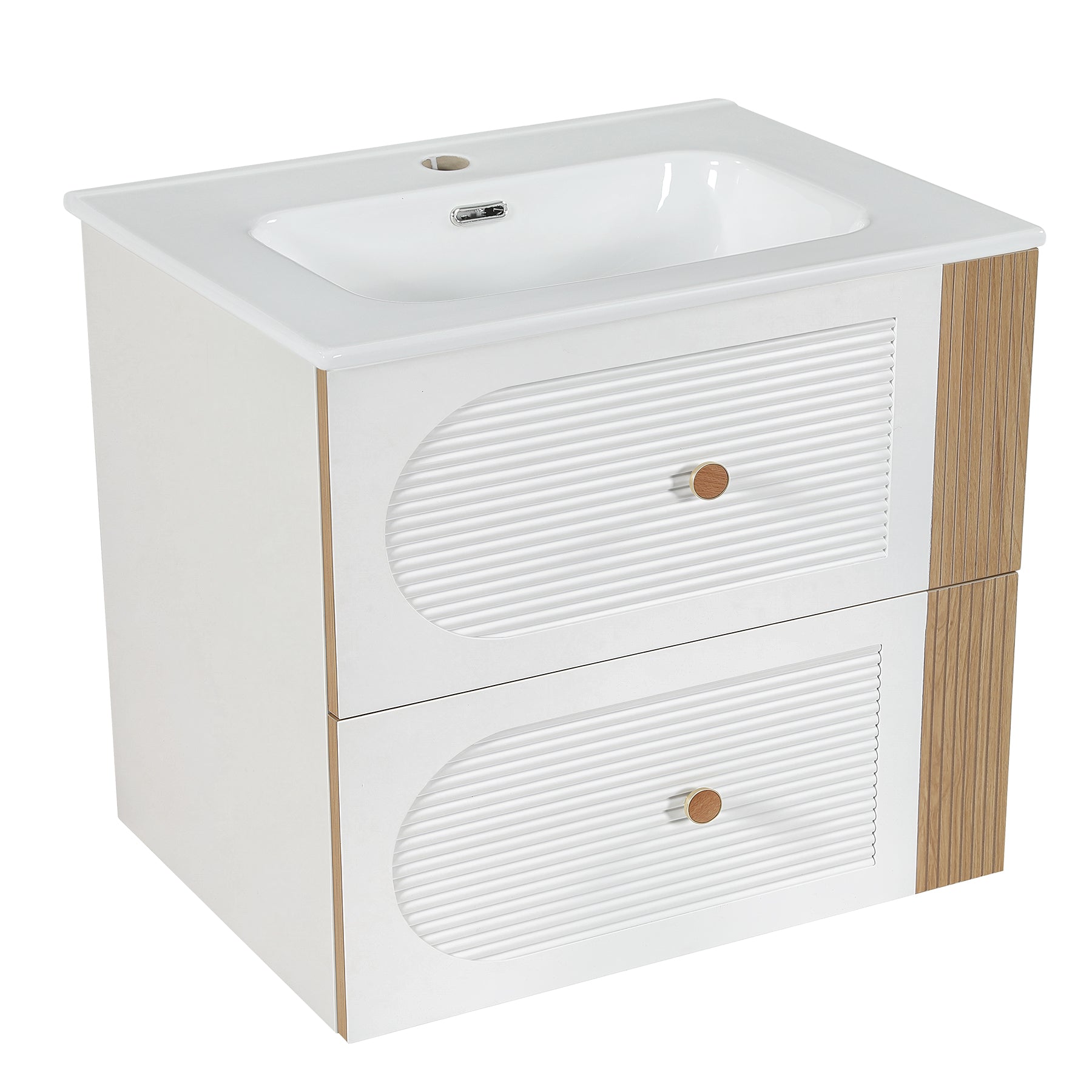Tribesigns Meuble de Salle de Bain Suspendu 60 cm avec Vasque en Céramique, Blanc, 2 Tiroirs