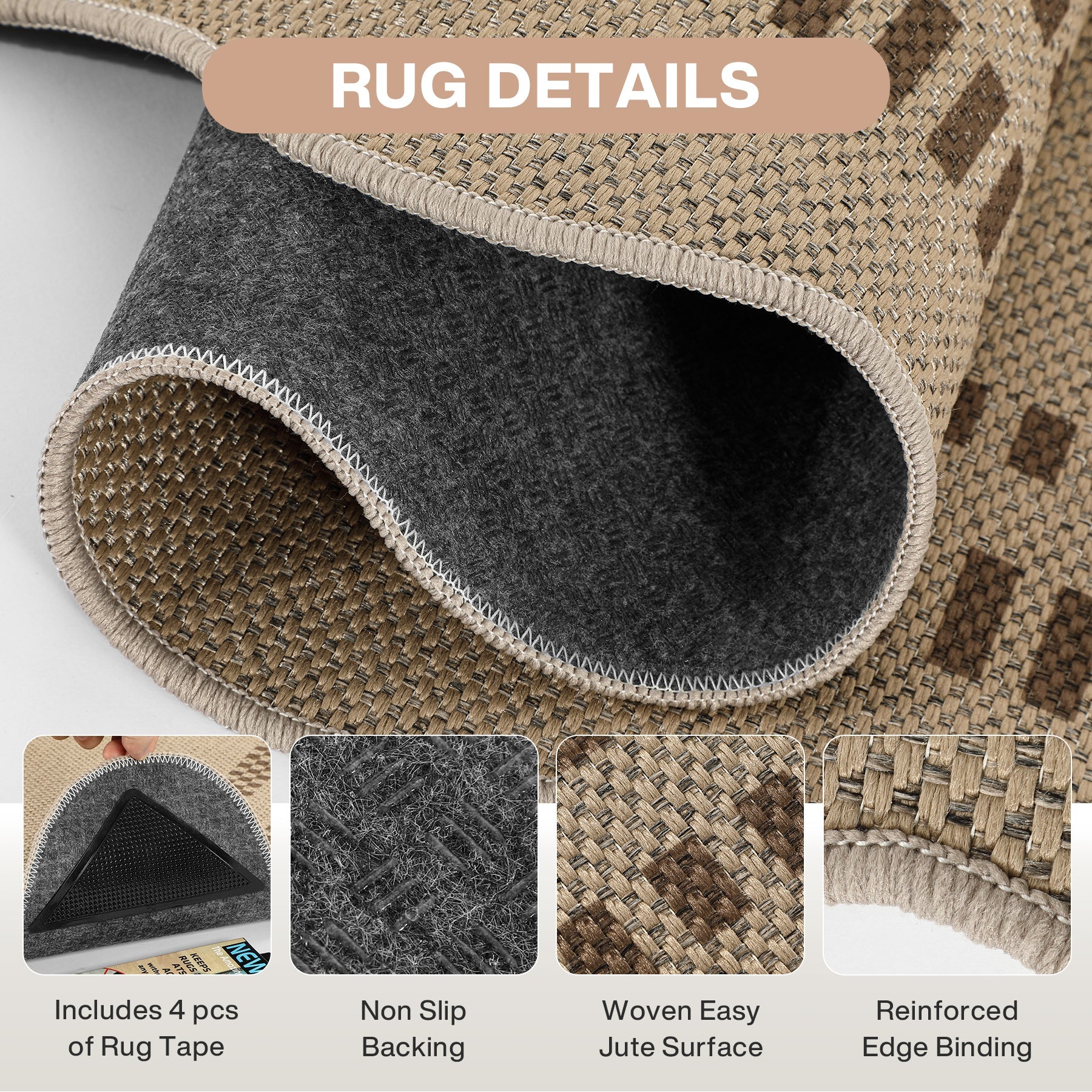 Tribesigns Tapis Effet Jute 160 x 230/200 x 300 cm avec Bordure Style Campagne, Lavable et Antidérapant, pour Cuisine et Salon, Certifié OEKO-TEX