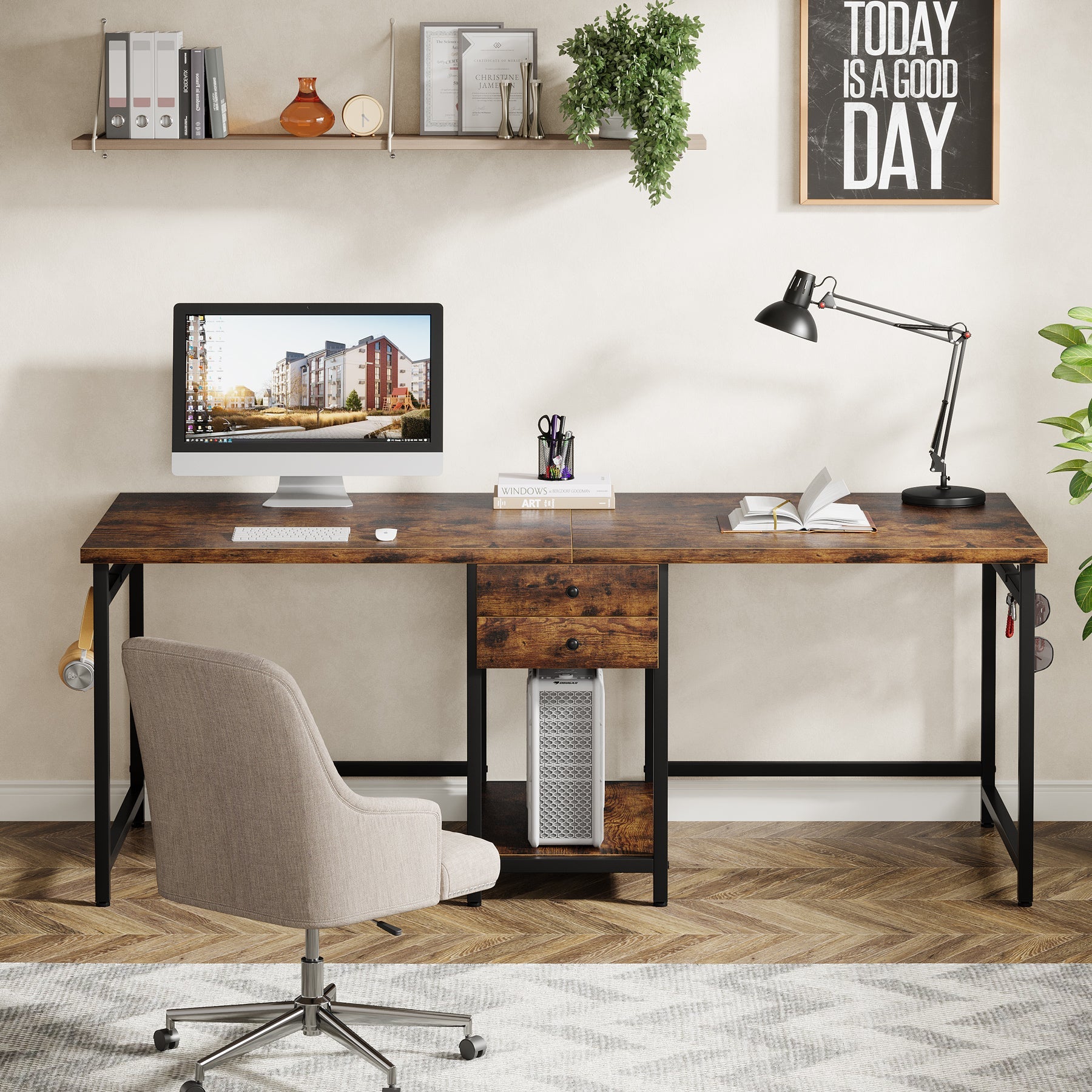 Tribesigns Bureau Double de 200 cm avec 2 Tiroirs et Étagères, Bureau Industriel pour Travail et Étude