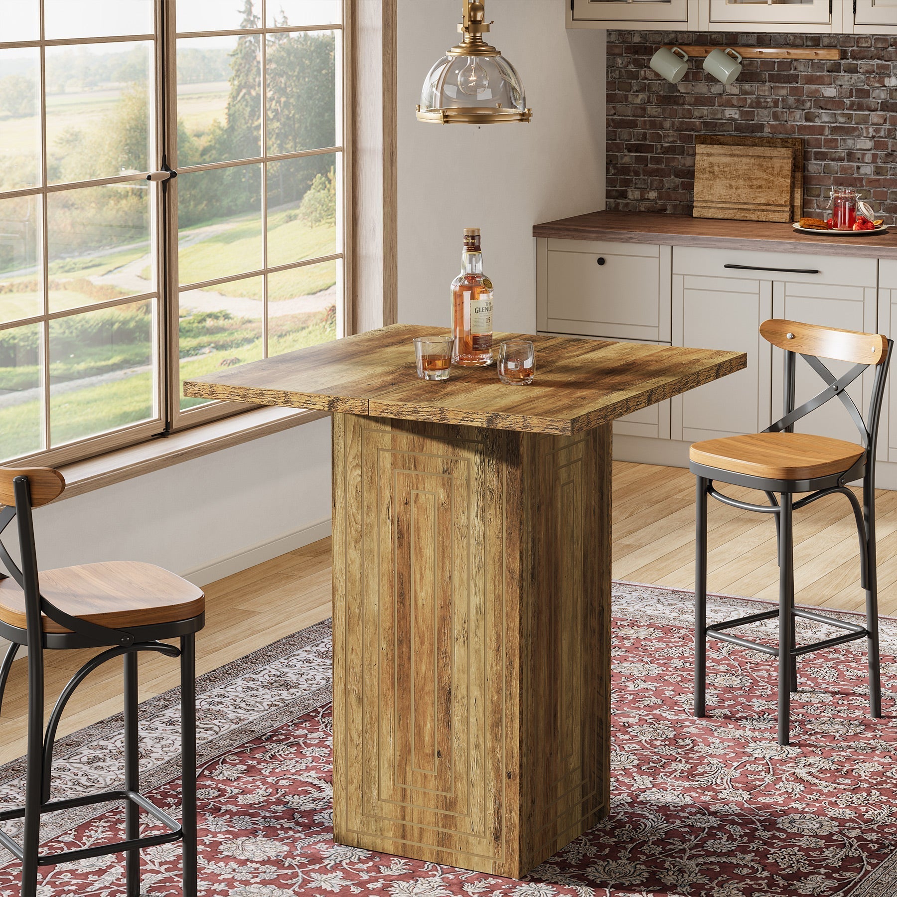 Tribesigns Table de bar carrée de style campagnard de 79 cm avec motif géométrique pour la cuisine et le salon