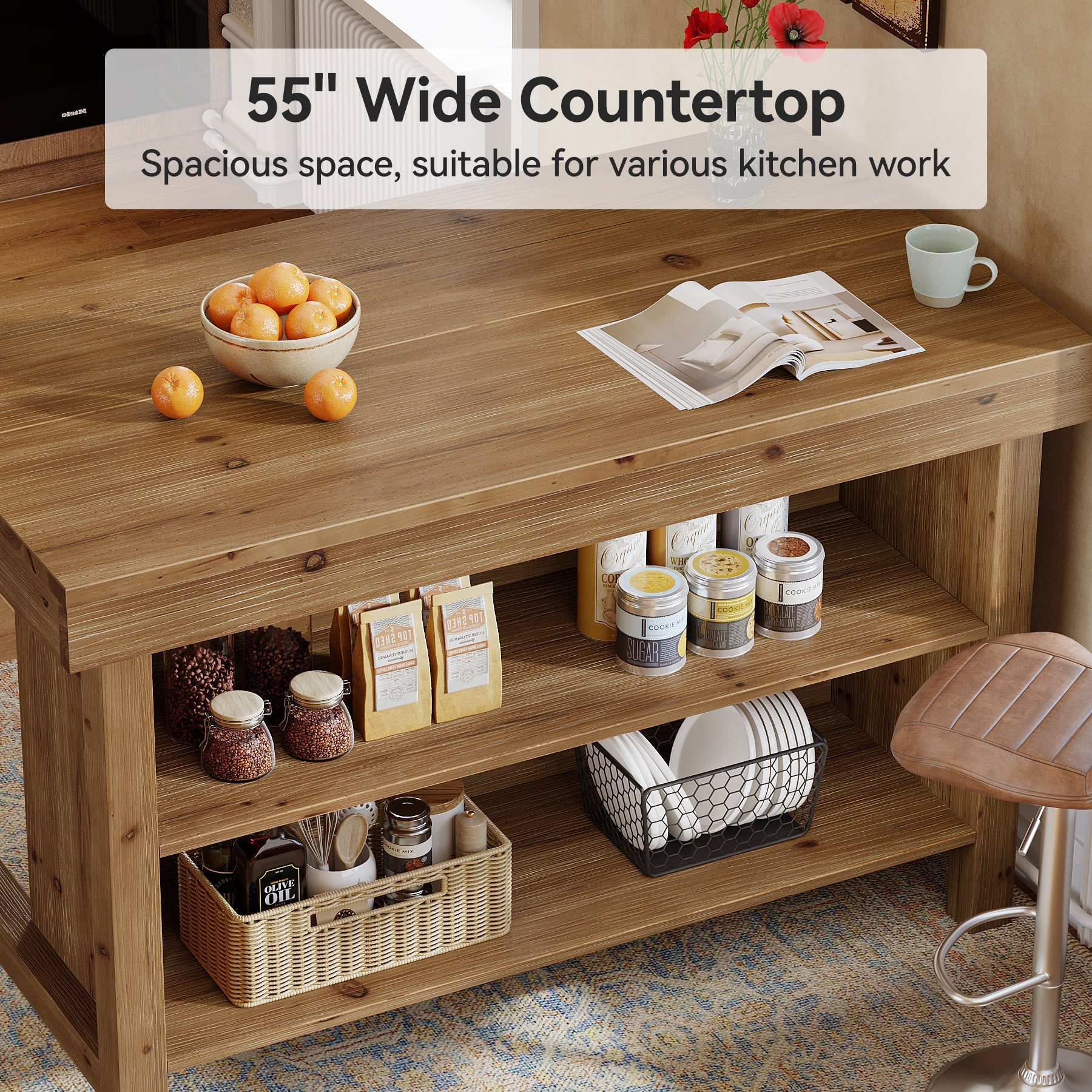 Tribesigns Îlot de Cuisine 140 cm, Table de Cuisine en Bois Massif