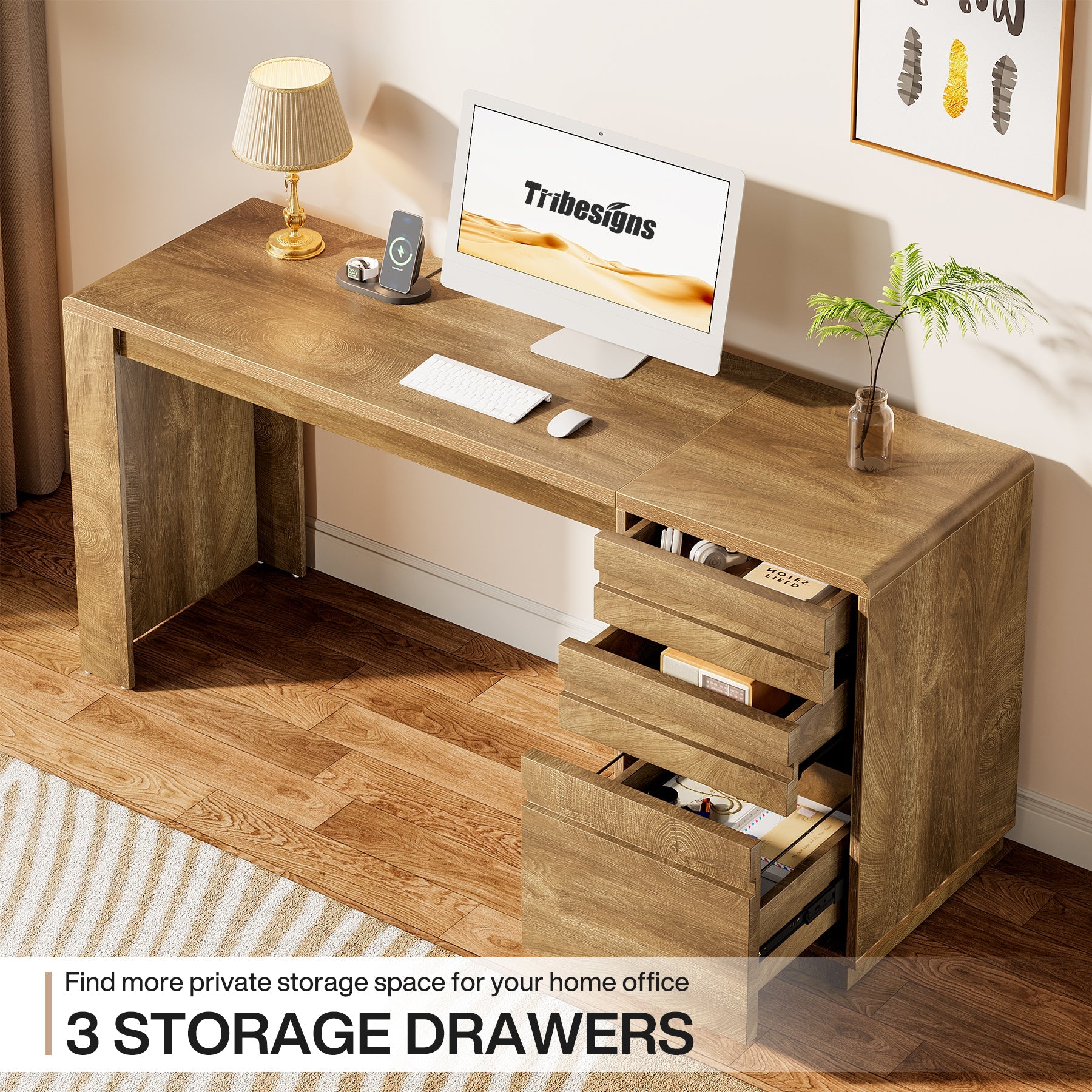 Tribesigns Bureau d’Ordinateur 140 cm, Bureau de Direction Style Rustique à 3 Tiroirs