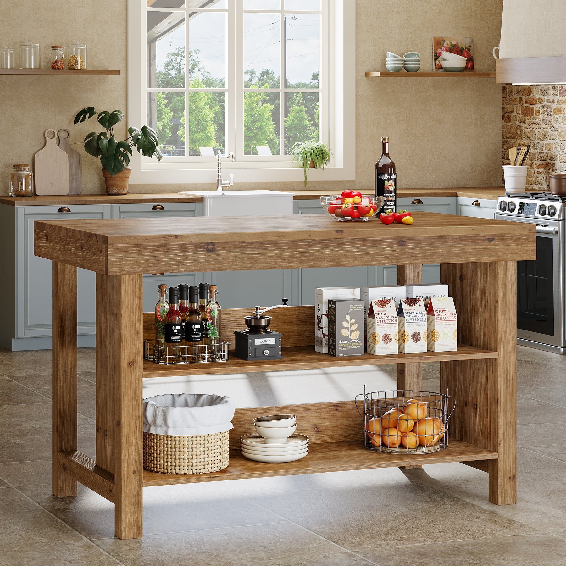 Tribesigns Îlot de Cuisine 140 cm, Table de Cuisine en Bois Massif