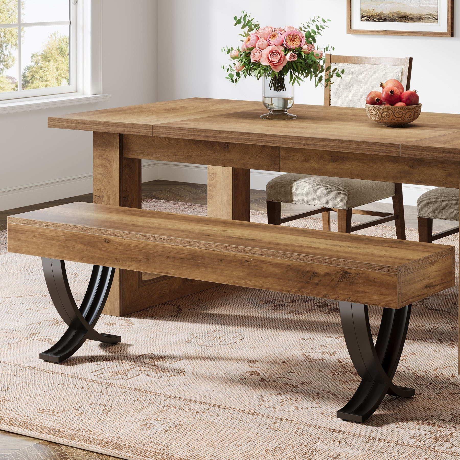 Tribesigns Banc de salle à manger rustique de 140 cm avec plateau imitation bois et pieds en X en métal, Long banc de cuisine pour salle à manger et couloir (banc uniquement)