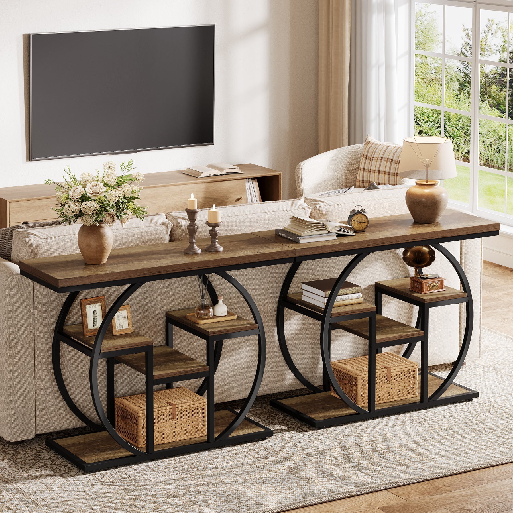 Tribesigns Console 105 cm de large avec 4 étagères, Table d'appoint de style industriel avec structure incurvée