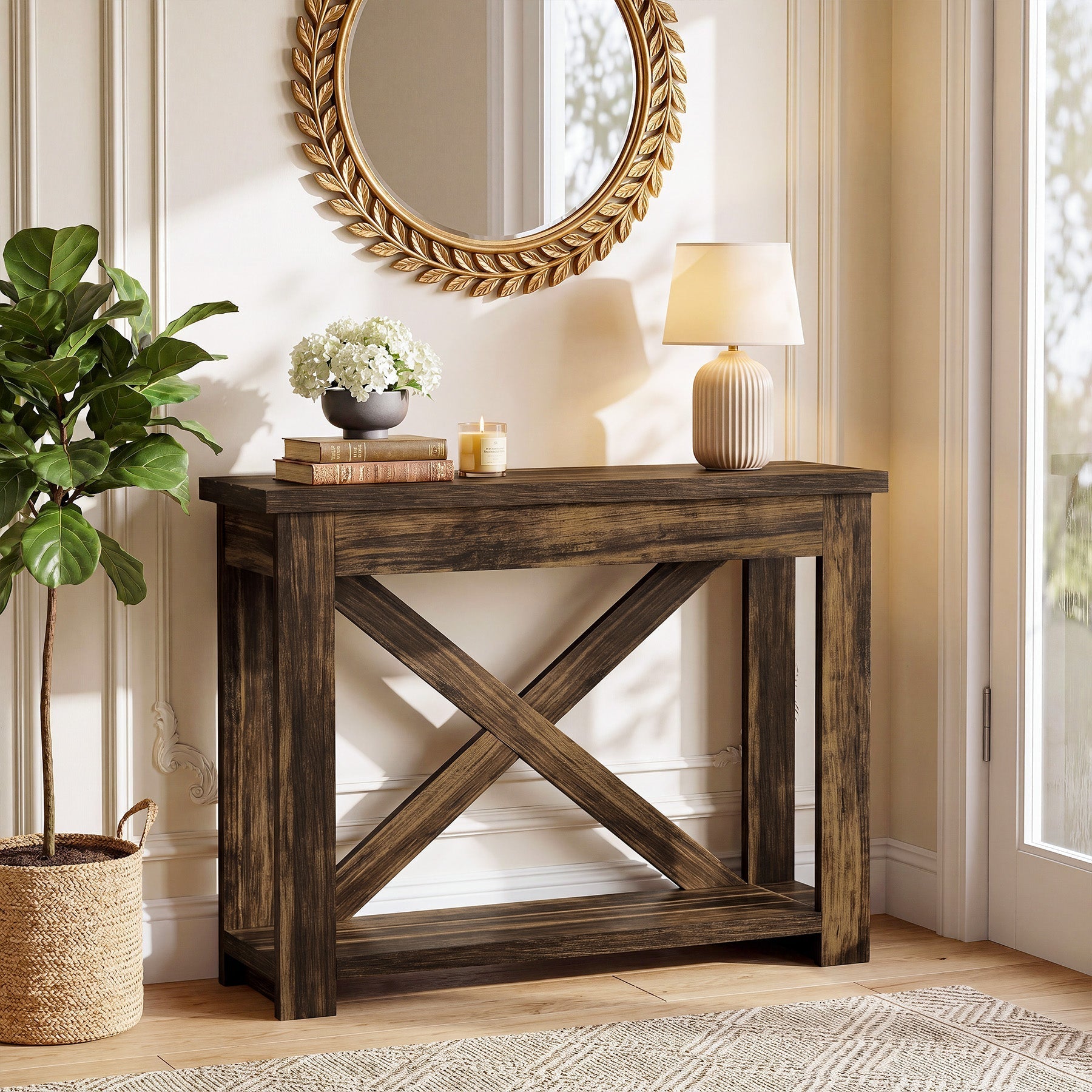 Tribesigns Console de 105 cm de long style champêtre avec étagère, Table d'entrée étroite à 2 niveaux
