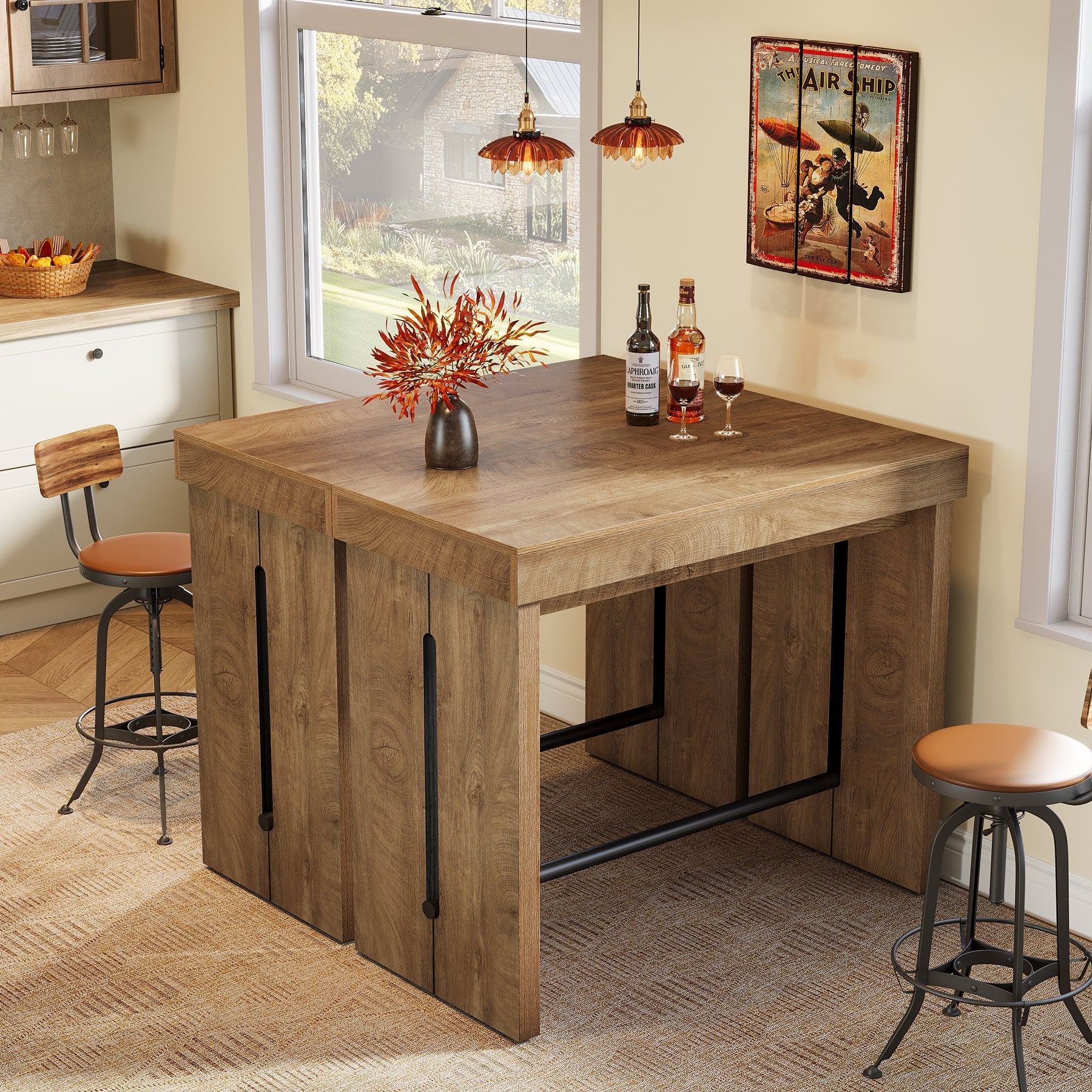 Table de bar 105 cm, Table haute avec repose-pieds, îlot de cuisine et table bistro de style champêtre
