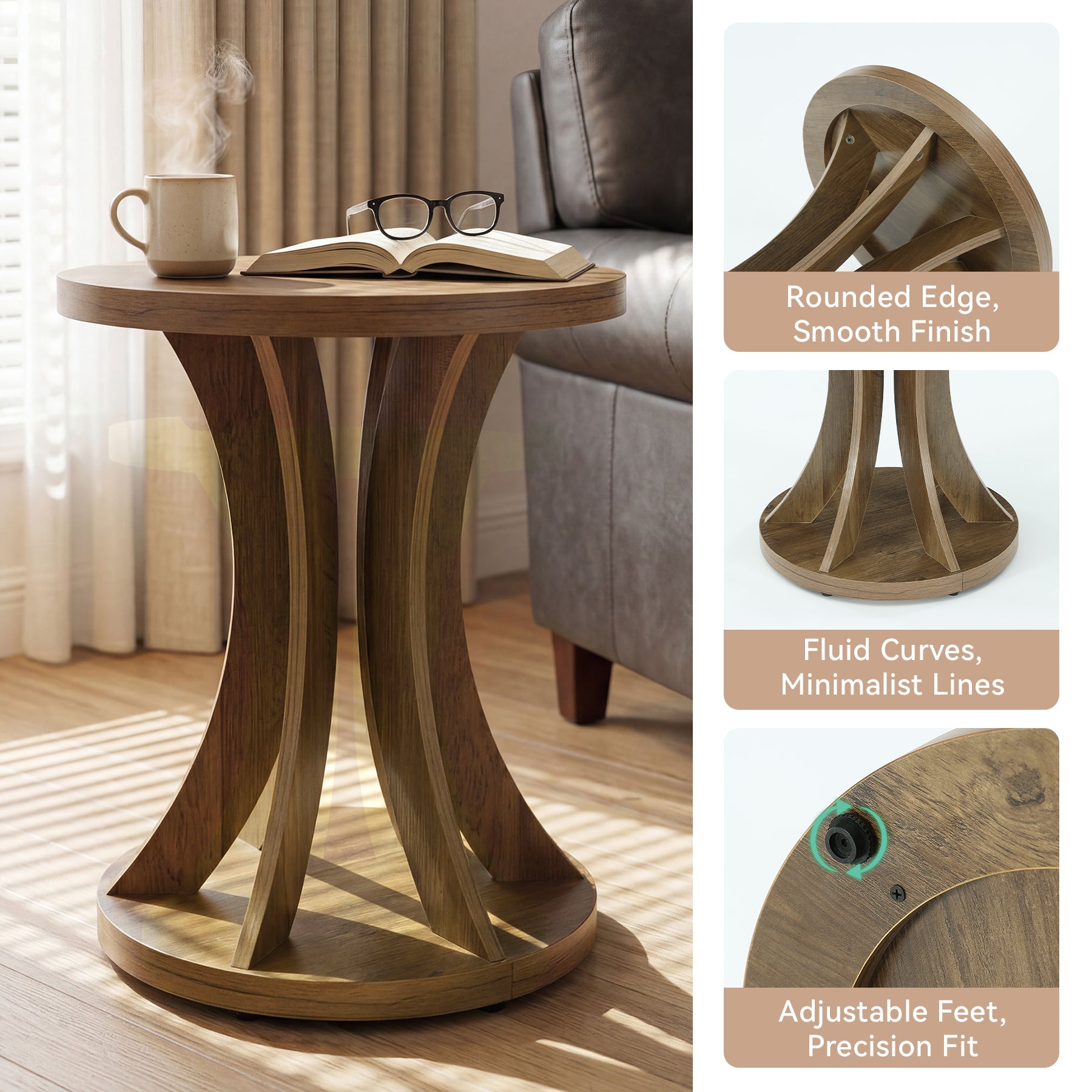 Tribesigns Table d’Appoint Ronde Rustique avec Structure Courbée pour Salon et Chambre