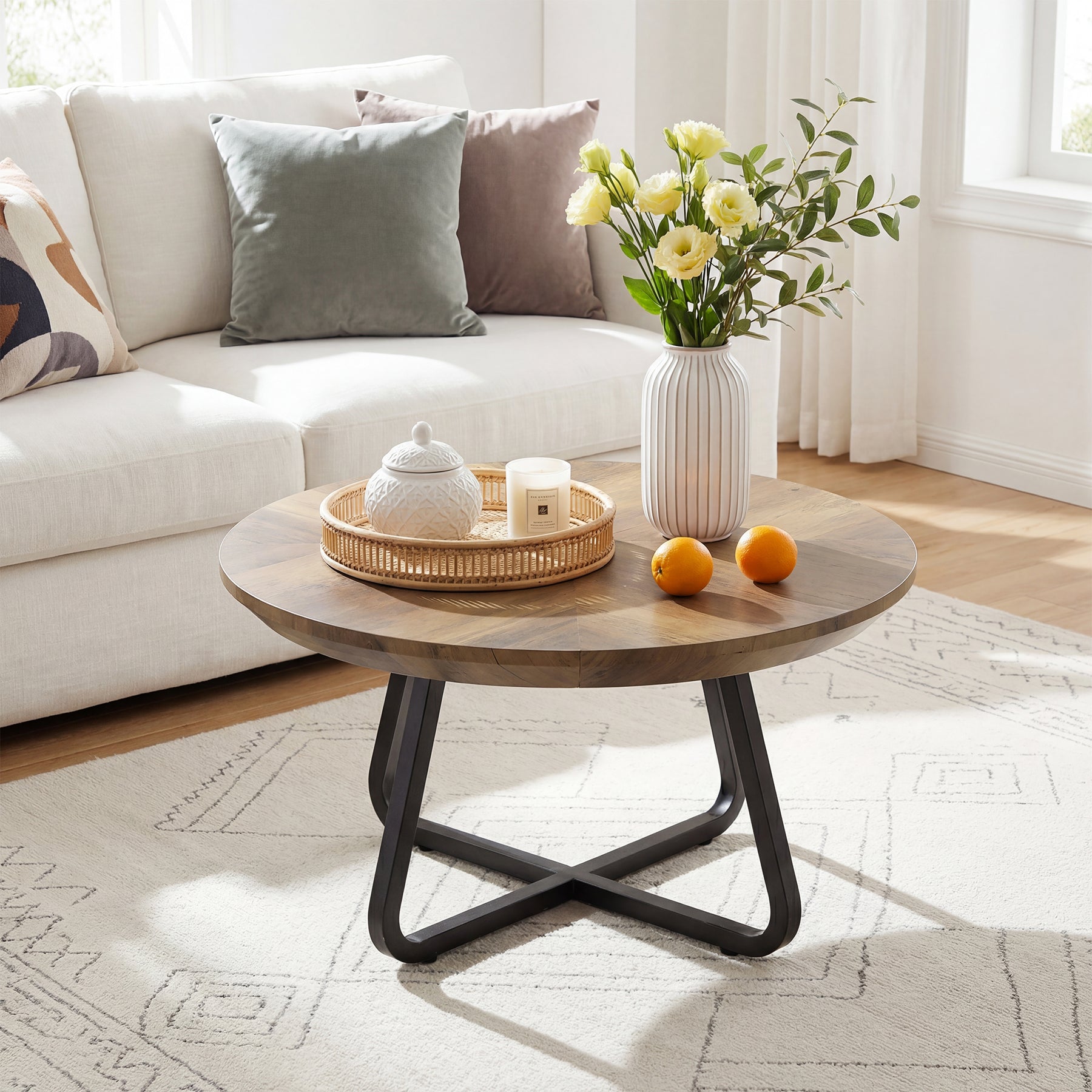 Tribesigns Table Basse Ronde 80 cm, Style Industriel avec Pieds en Métal