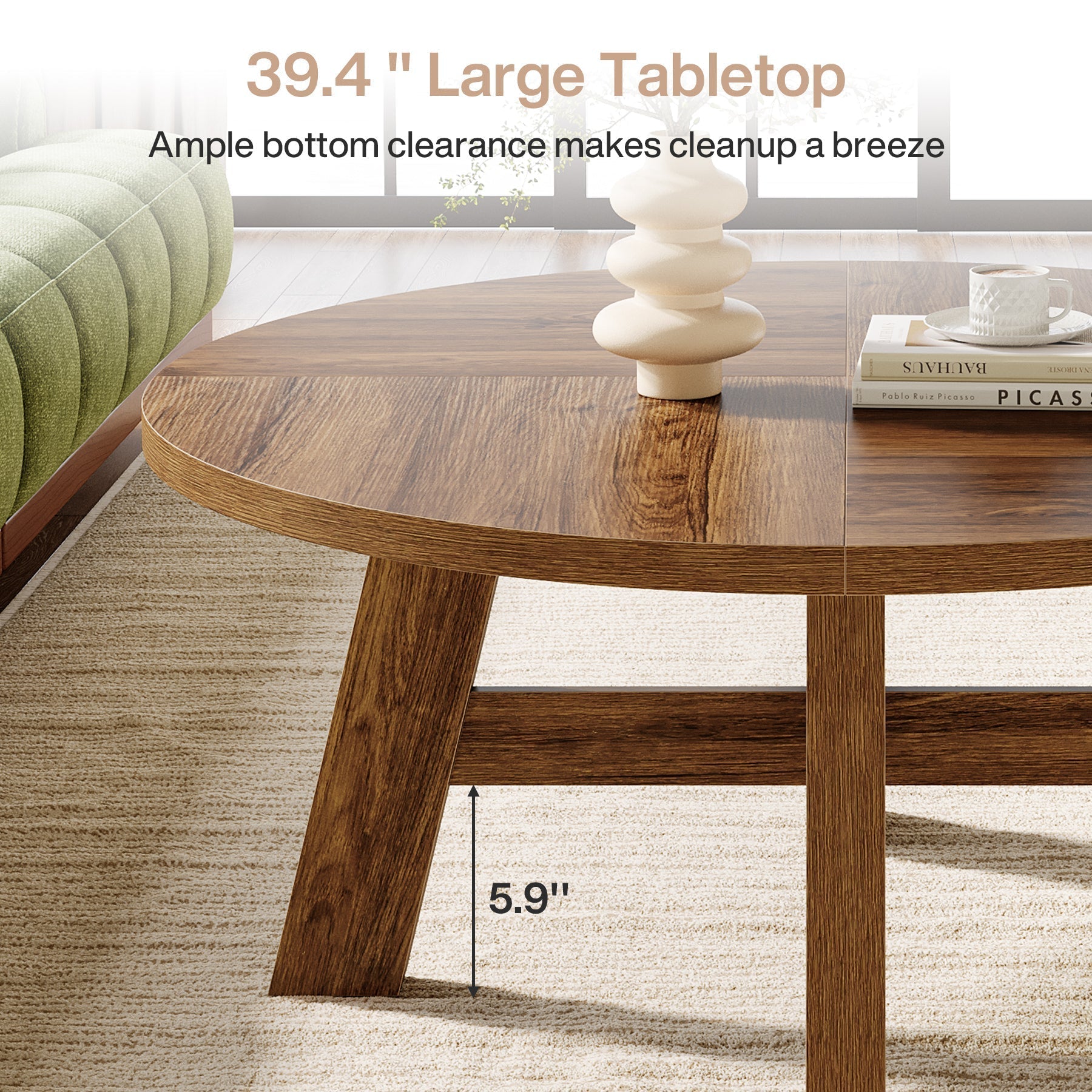 Tribesigns Table basse ronde de style moderne du milieu du siècle 100 cm avec traverses en bois