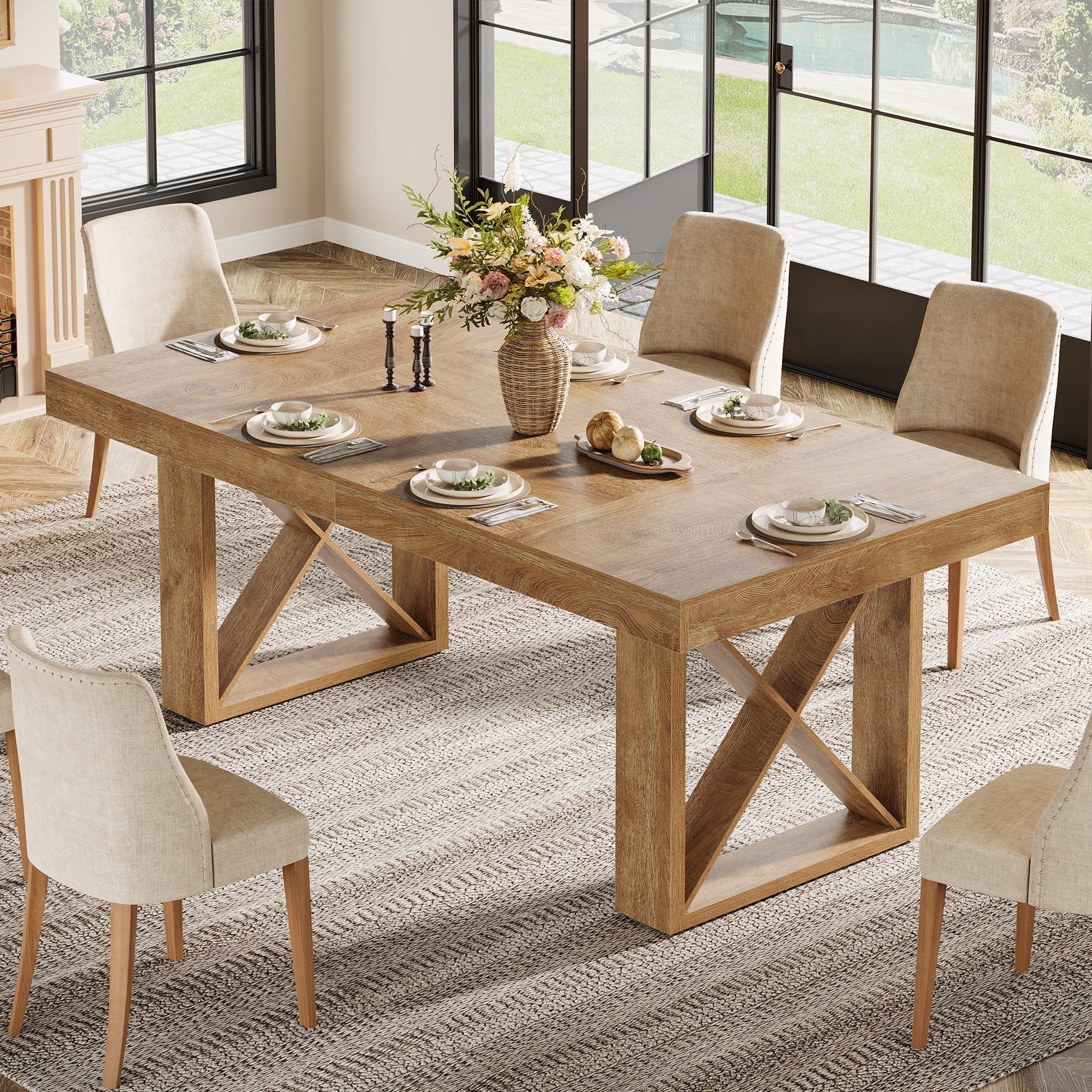 Tribesigns Table à manger de 160 cm pour 4 à 6 personnes, Style maison de campagne, aspect bois massif
