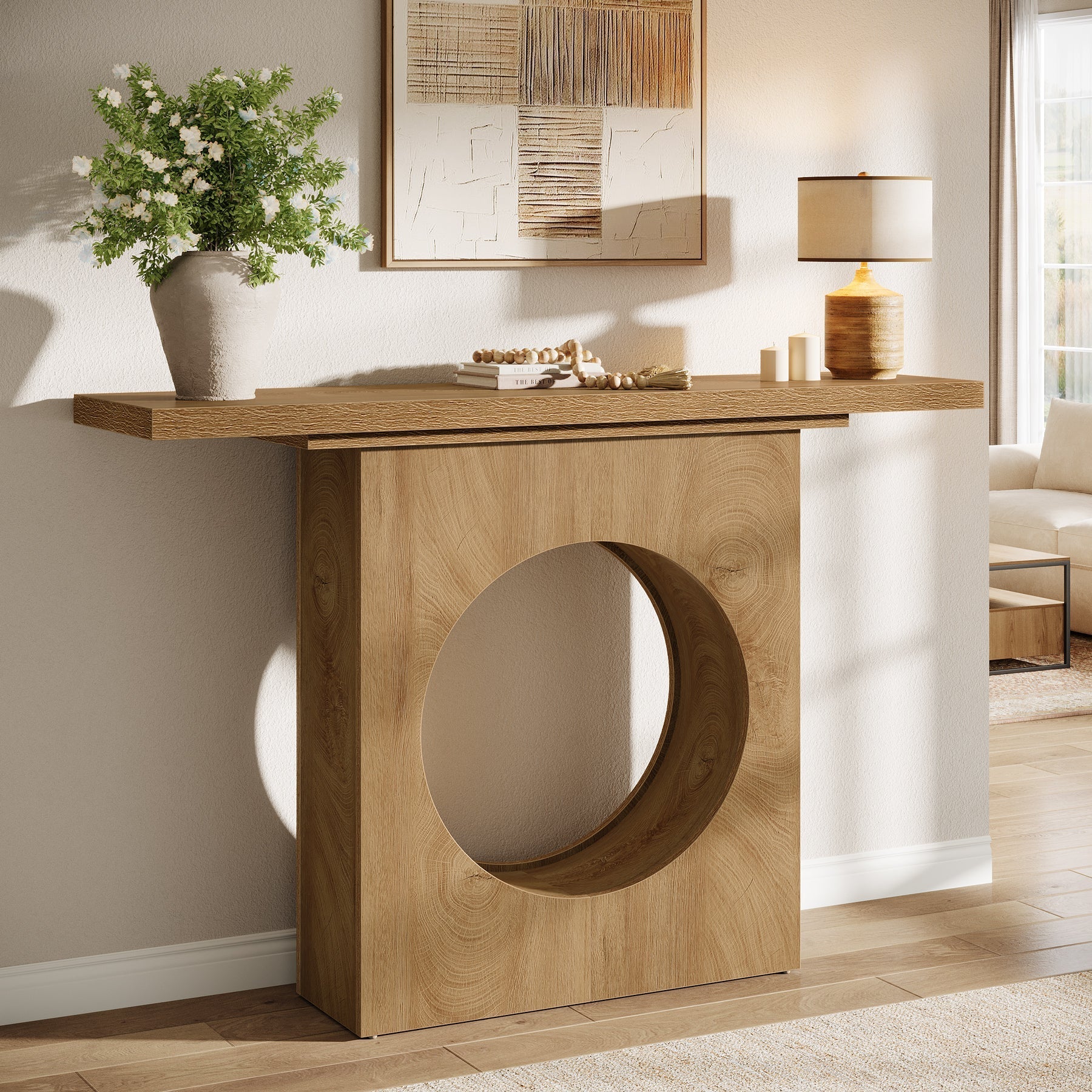 Tribesigns Console rustique de 105 cm avec design ajouré rond, Table d'entrée étroite pour salon