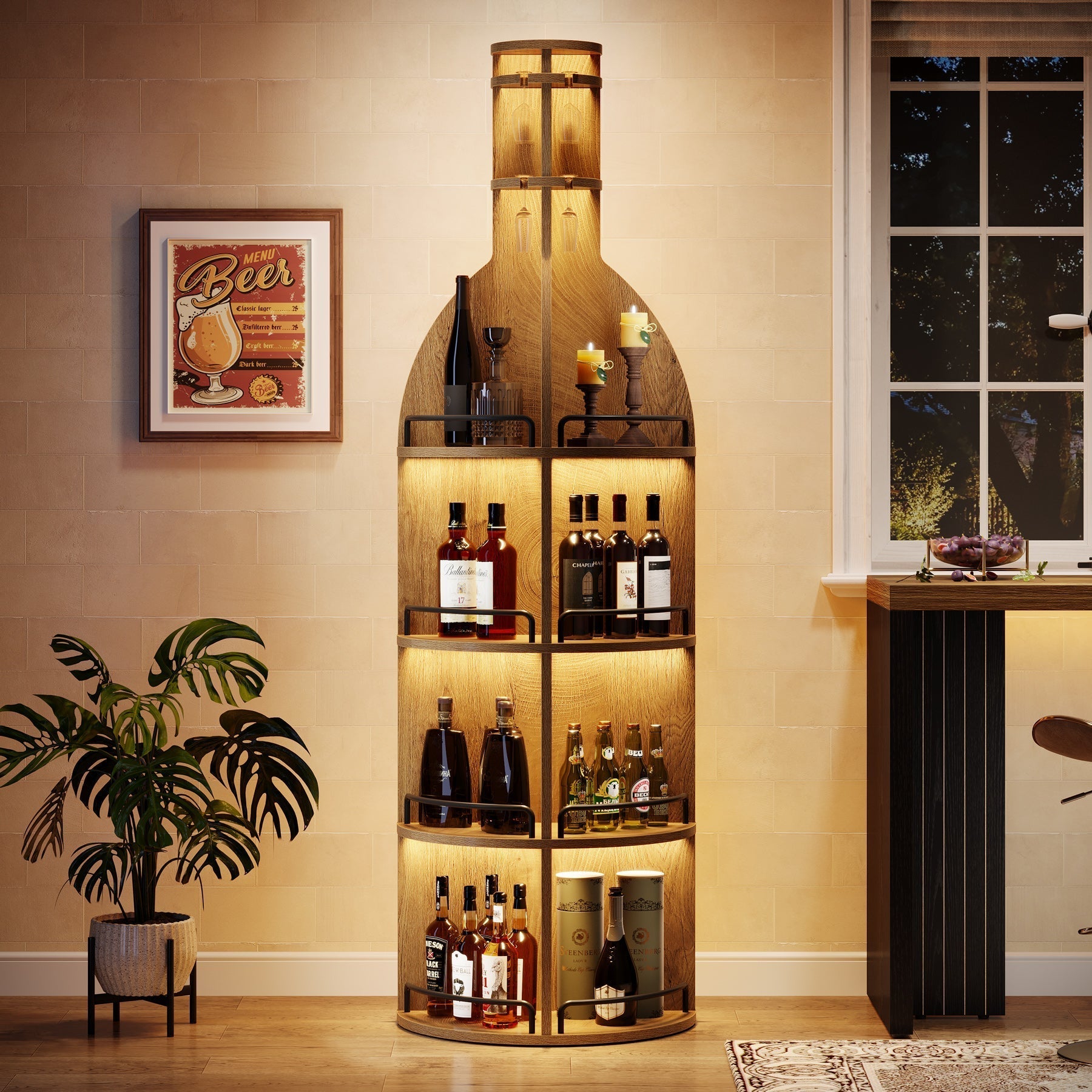 Casier à vin de 190 cm de haut avec étagères de rangement, Meuble à vin rond de style industriel avec porte-verres