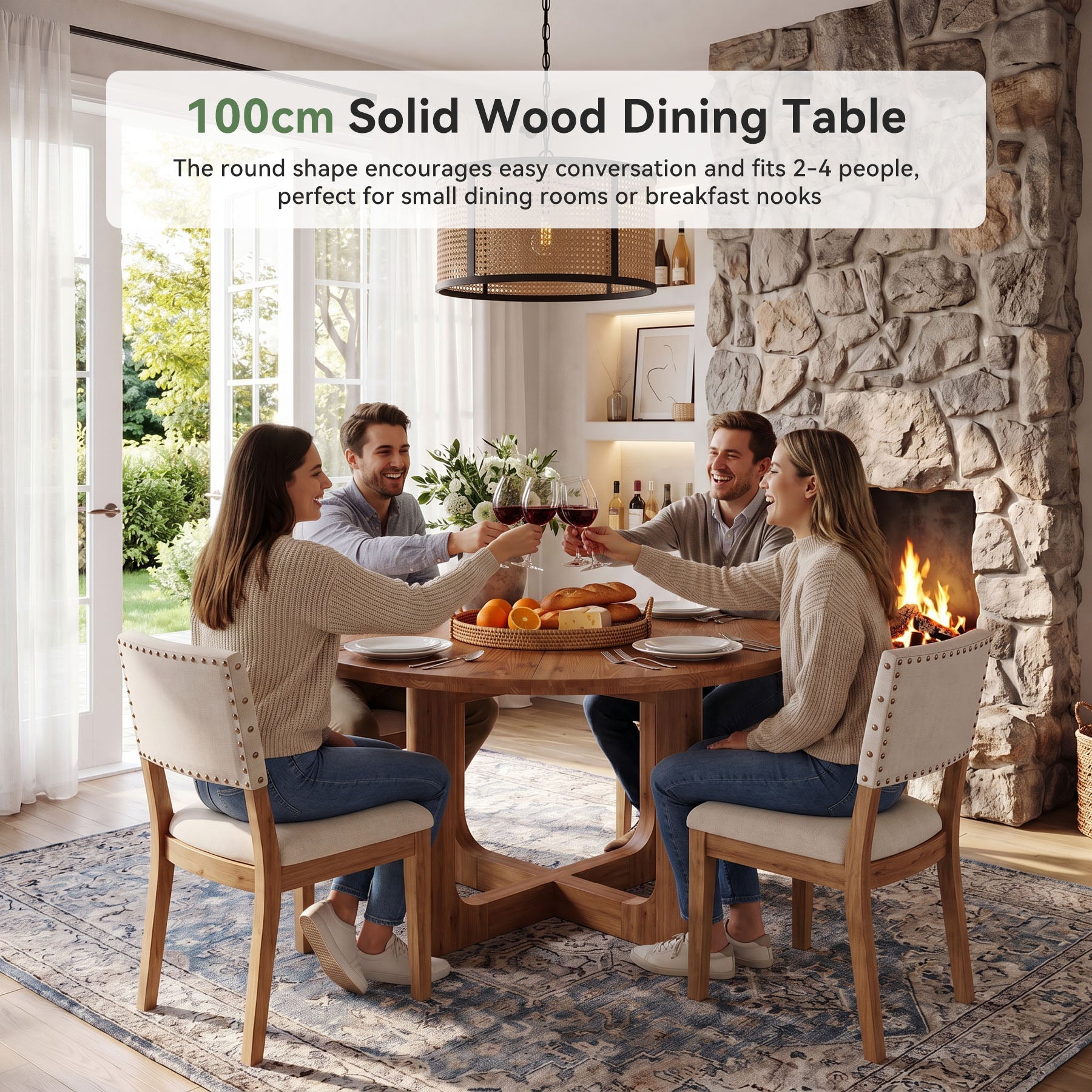 Tribesigns Table à Manger Ronde Country en Bois Massif avec Pieds en X, Ø 100 cm, pour 2 à 4 Personnes