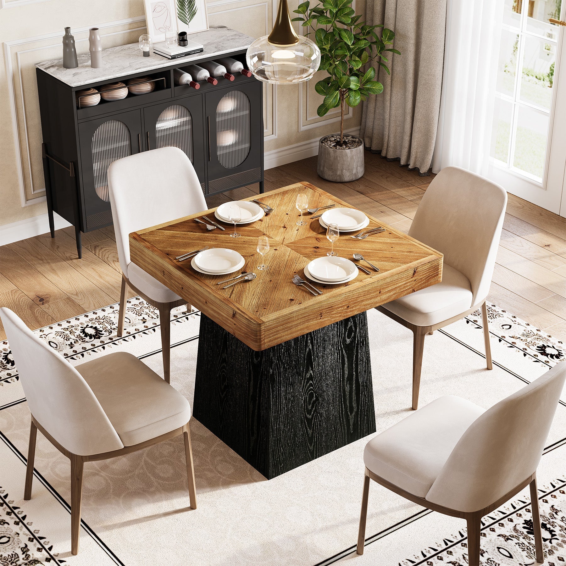 Tribesigns Table à manger carrée en bois massif, 80 cm pour 2 à 4 personnes, Table de cuisine de style champêtre avec pied central robuste