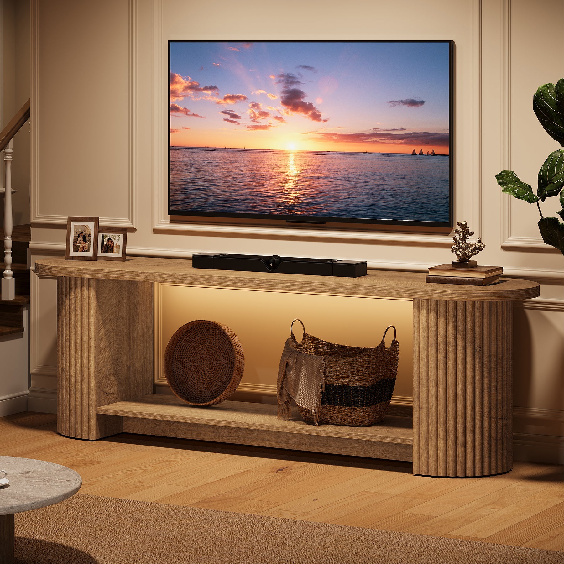 Tribesigns Meuble TV de 160 cm au Design Rainuré, Meuble Multimédia Rustique pour Salon