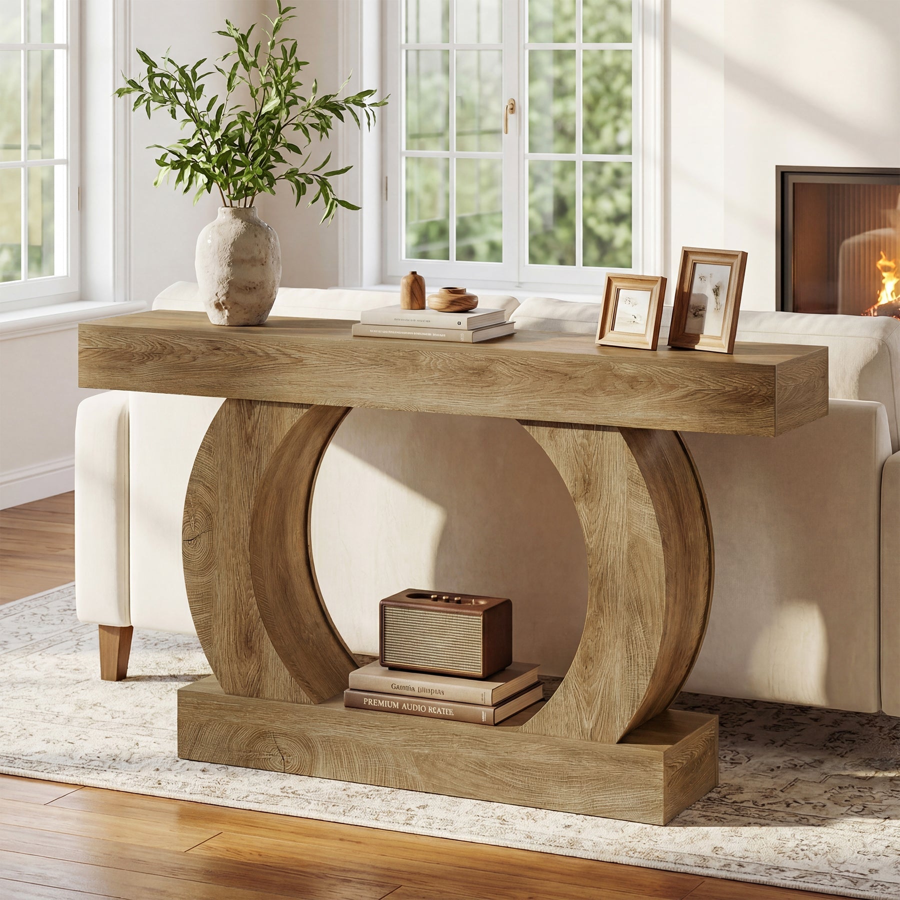 Console rustique 150 x 30 x 85 cm avec base ronde ouverte, Table d'entrée étroite à 2 niveaux pour couloir et salon