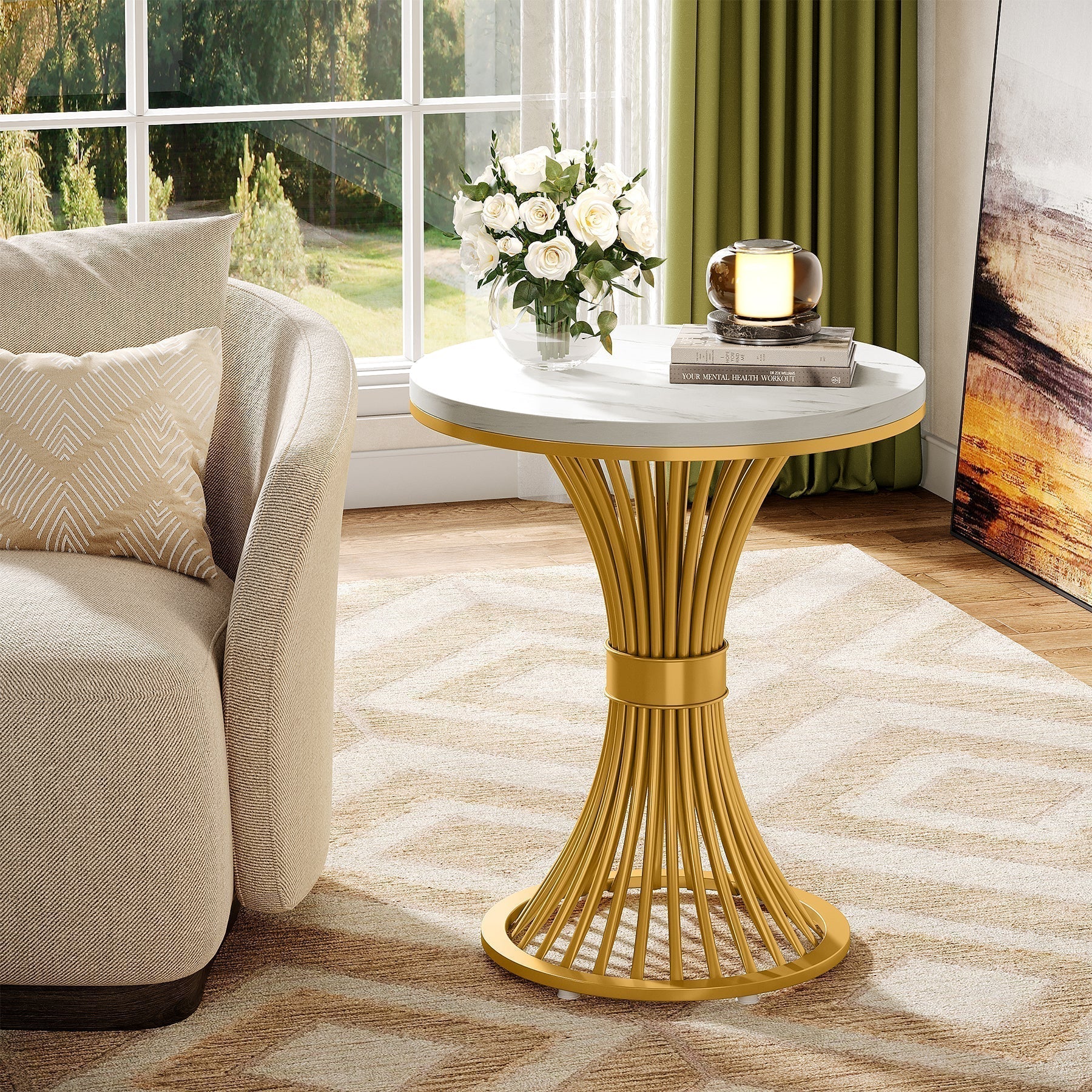 Tribesigns Table d'appoint ronde 51 cm avec plateau effet marbre, Table d'appoint blanche et piètement en métal doré