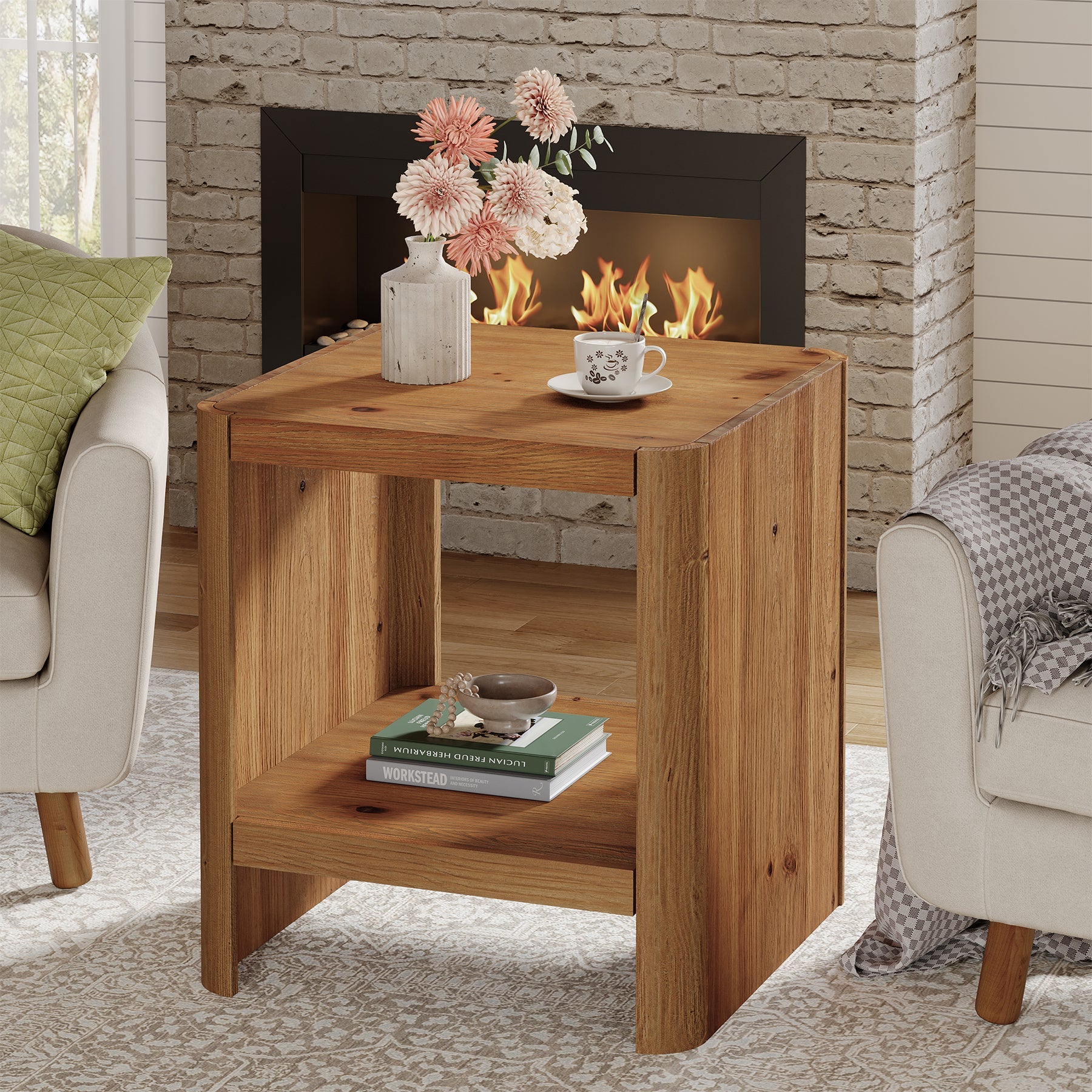 Tribesigns Table d’Appoint en Bois Massif, Petite Table de Chevet à Deux Niveaux avec Étagère