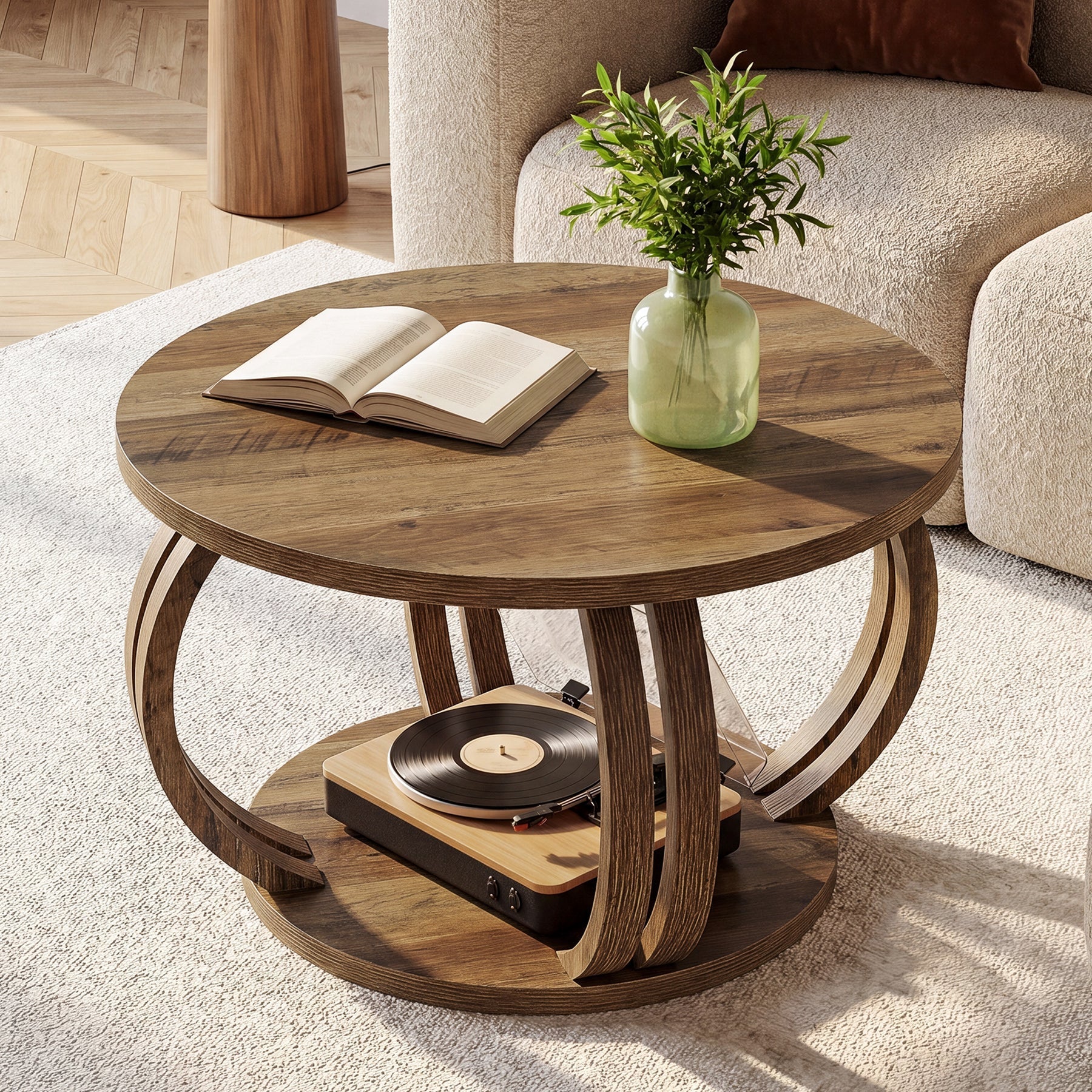 Tribesigns Table basse ronde 80 cm avec étagère, Table de salon avec piètement en colonne sculpturale