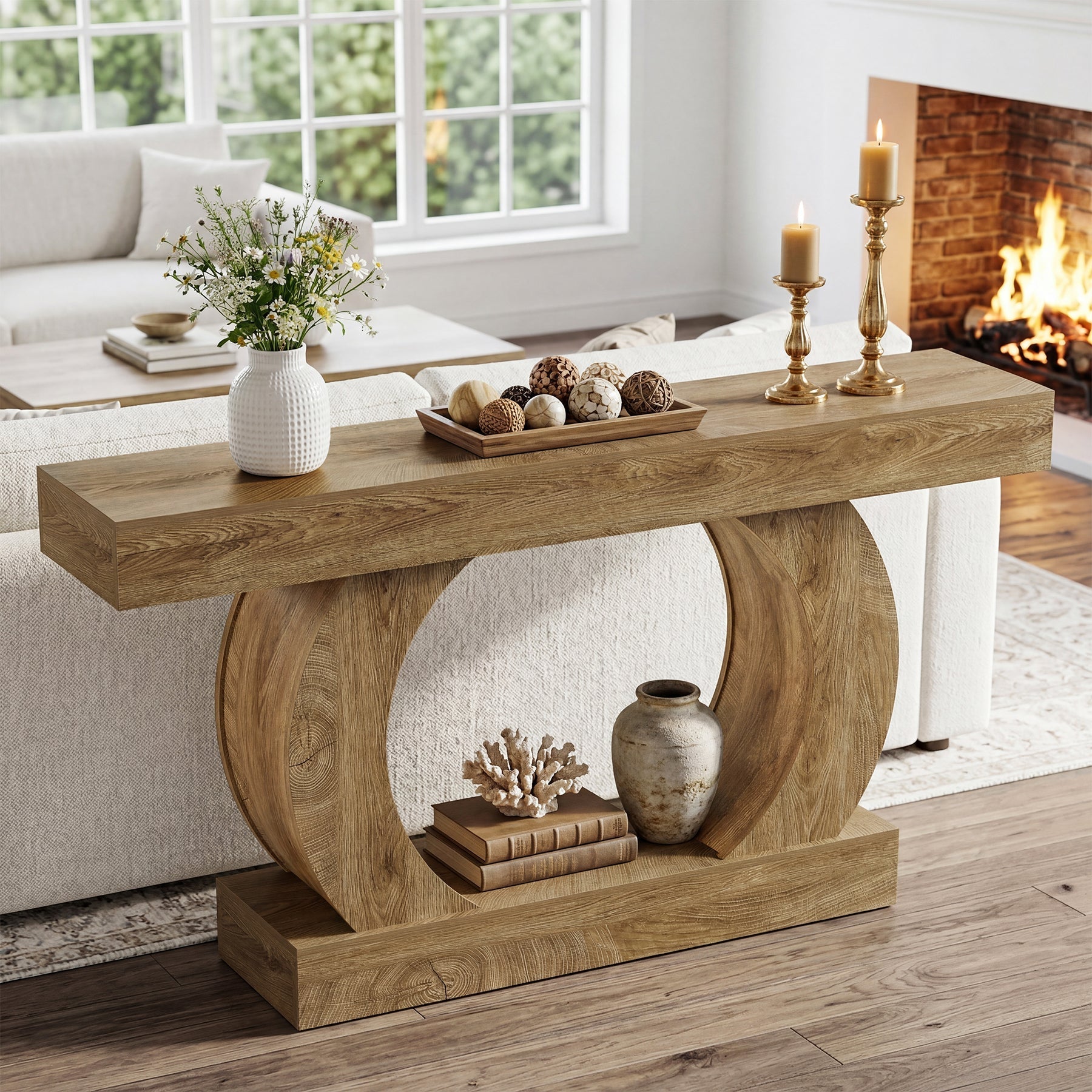 Console rustique 150 x 30 x 85 cm avec base ronde ouverte, Table d'entrée étroite à 2 niveaux pour couloir et salon
