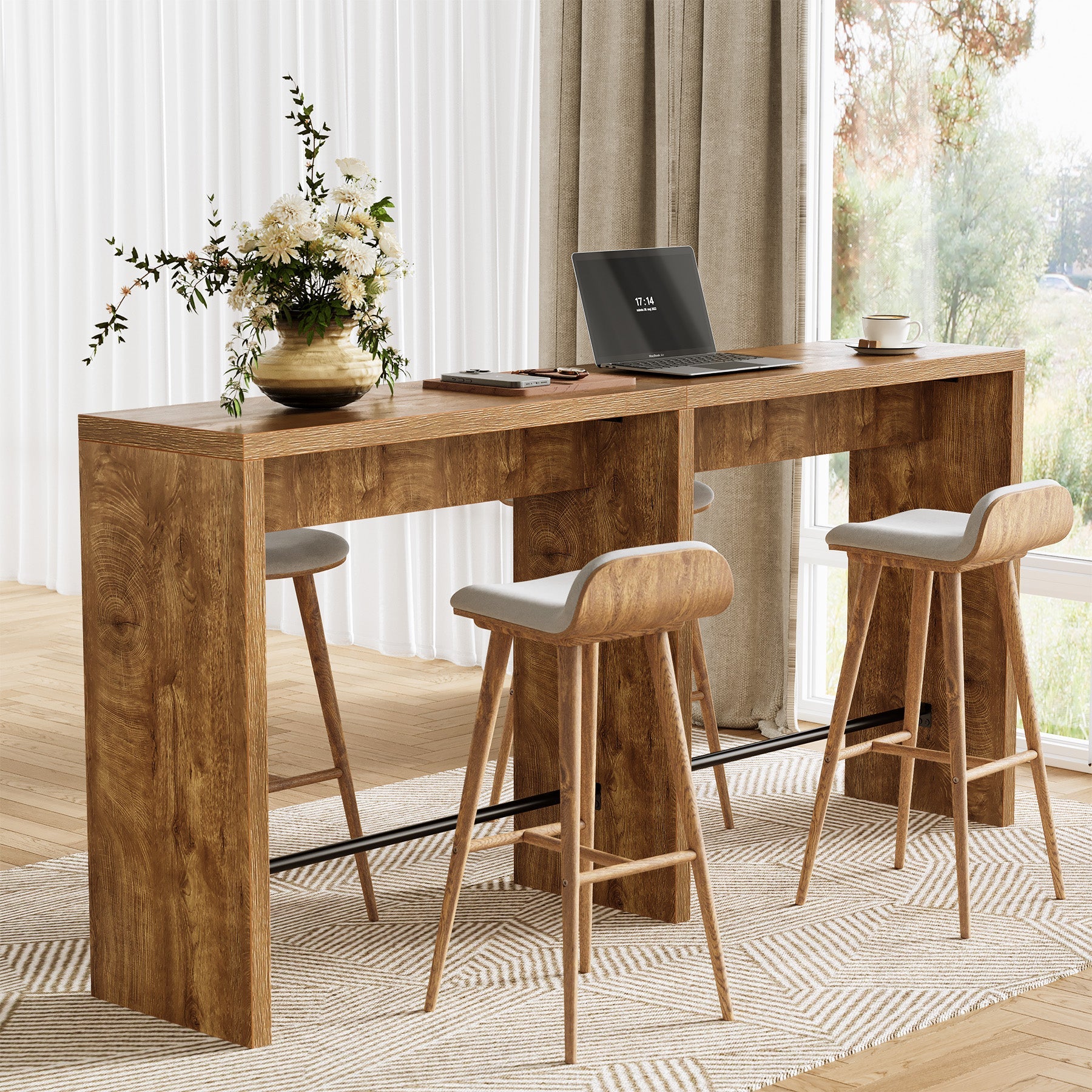 Tribesigns Table de Bar 200 cm pour 4 à 6 Personnes, Table Haute 95 cm avec Repose-Pieds Métallique pour Cuisine