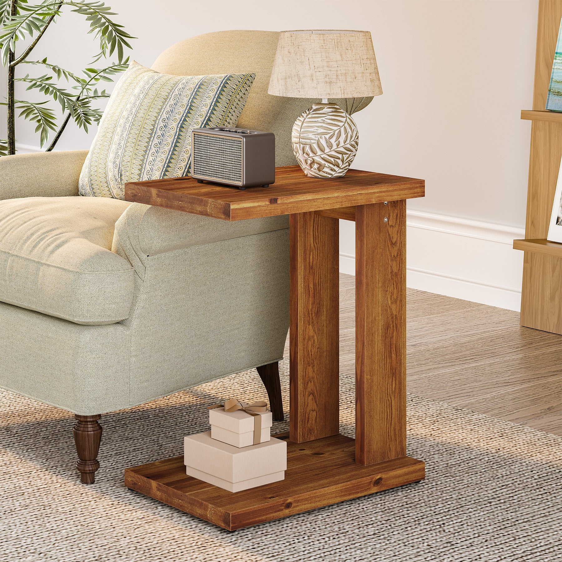Tribesigns Table d’Appoint en C en Bois Massif, 50 x 35 x 60 cm avec 2 Niveaux, pour Salon