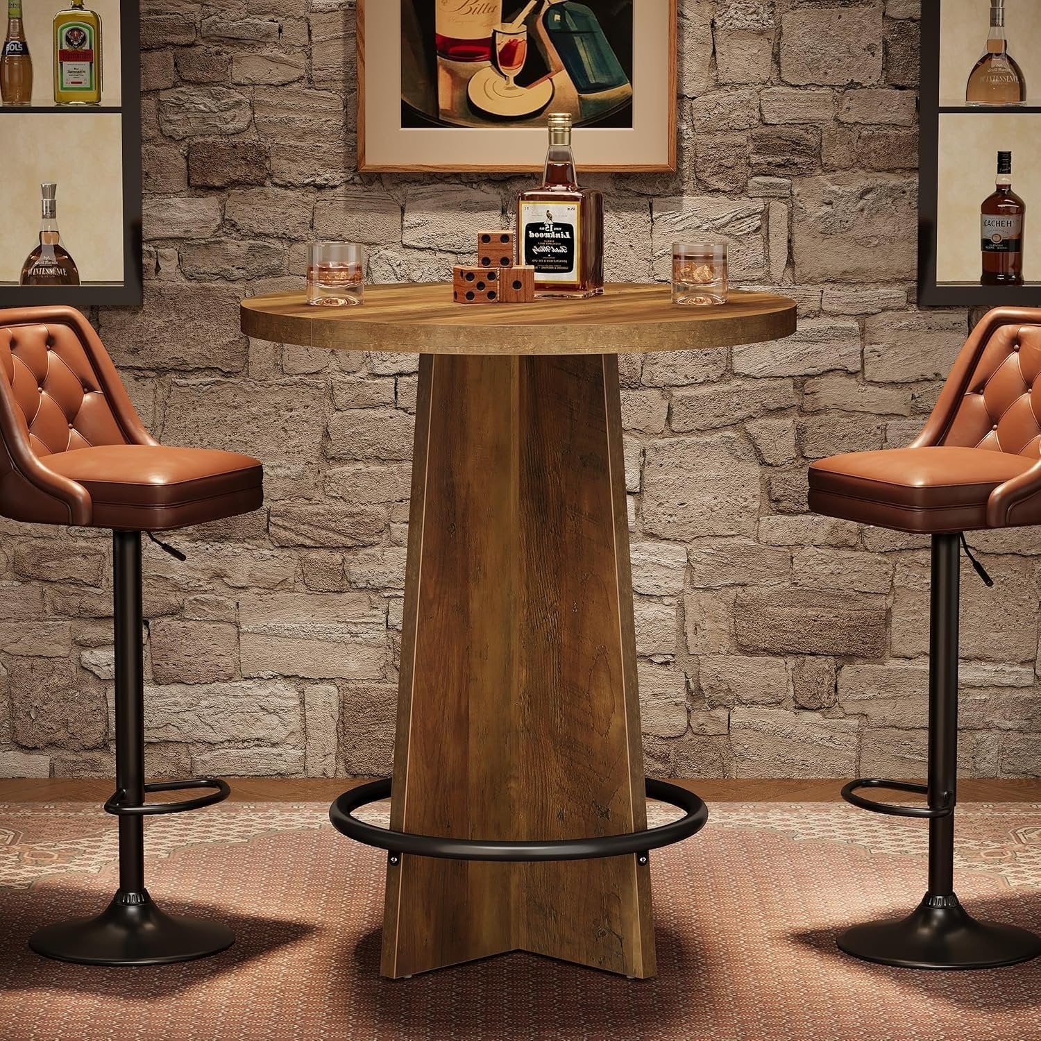Tribesigns Table de bar de 80 cm, Table de pub en bois avec repose-pieds annulaire en métal