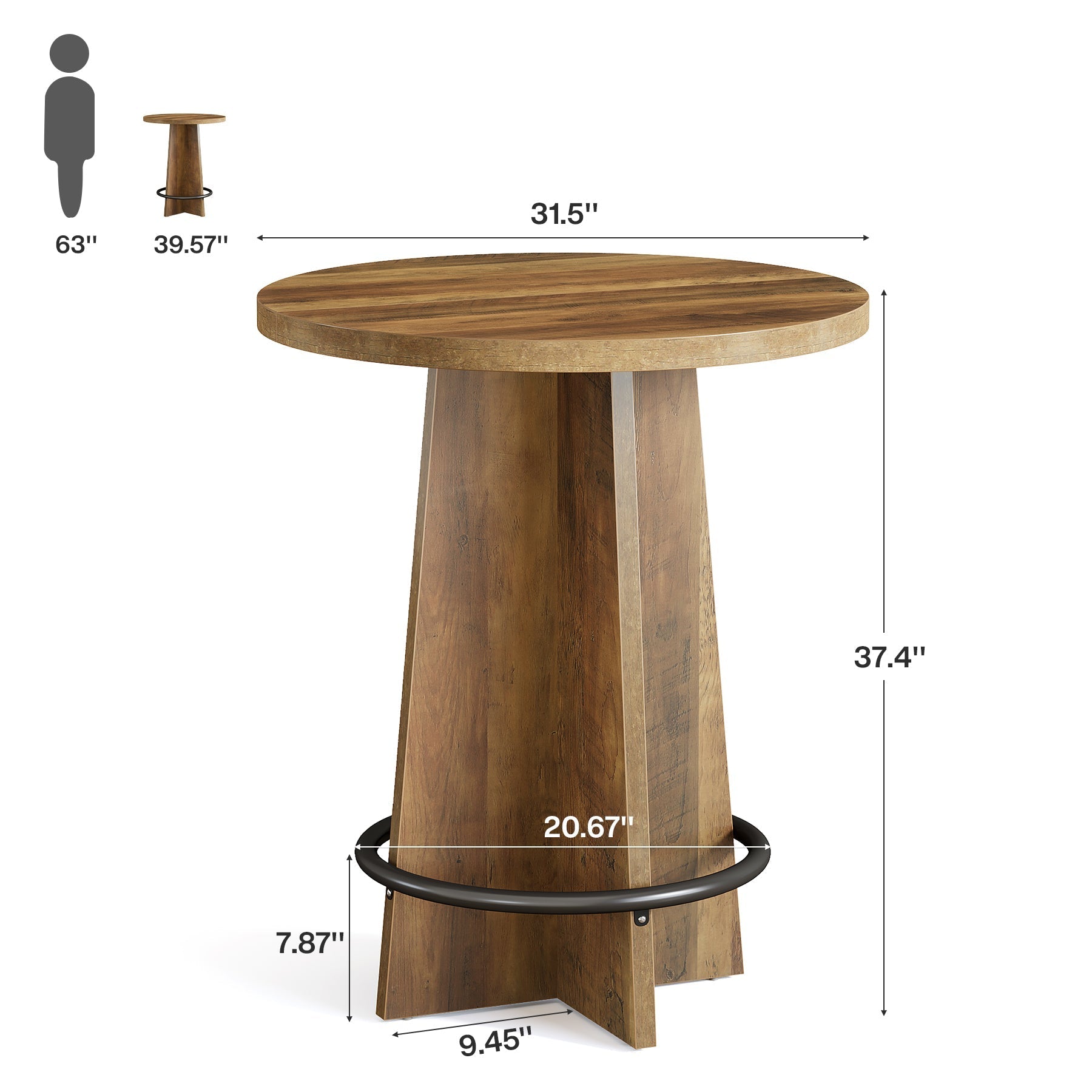 Tribesigns Table de bar de 80 cm, Table de pub en bois avec repose-pieds annulaire en métal