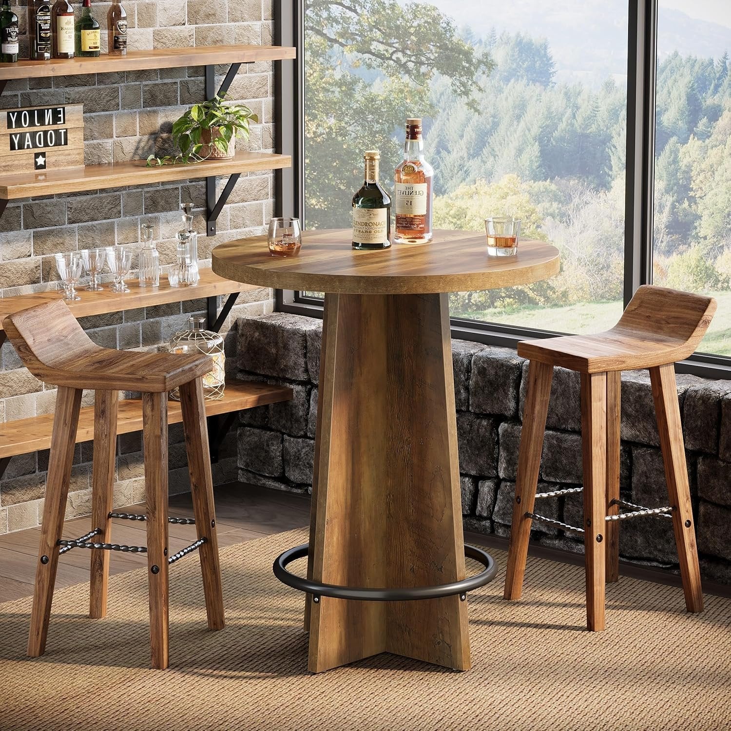 Tribesigns Table de bar de 80 cm, Table de pub en bois avec repose-pieds annulaire en métal