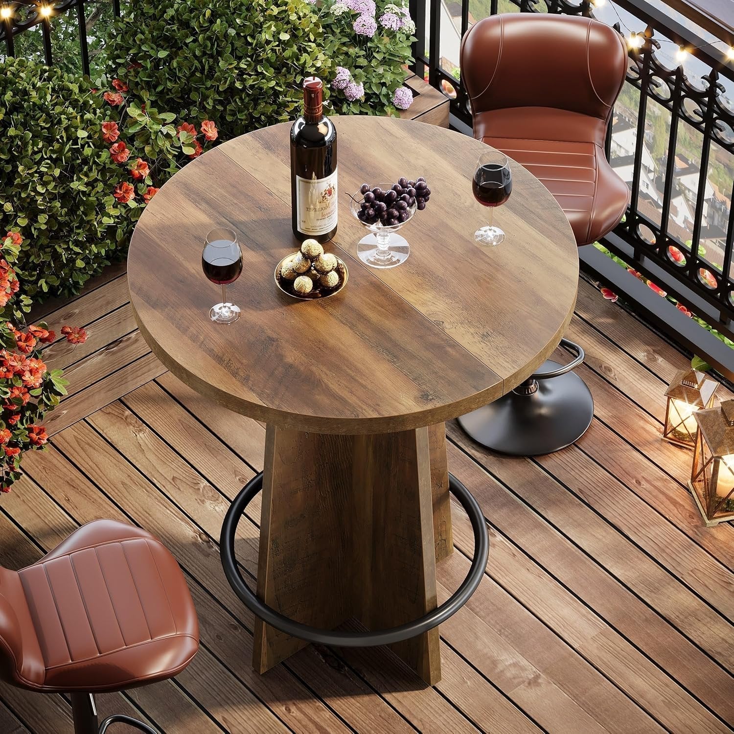Tribesigns Table de bar de 80 cm, Table de pub en bois avec repose-pieds annulaire en métal