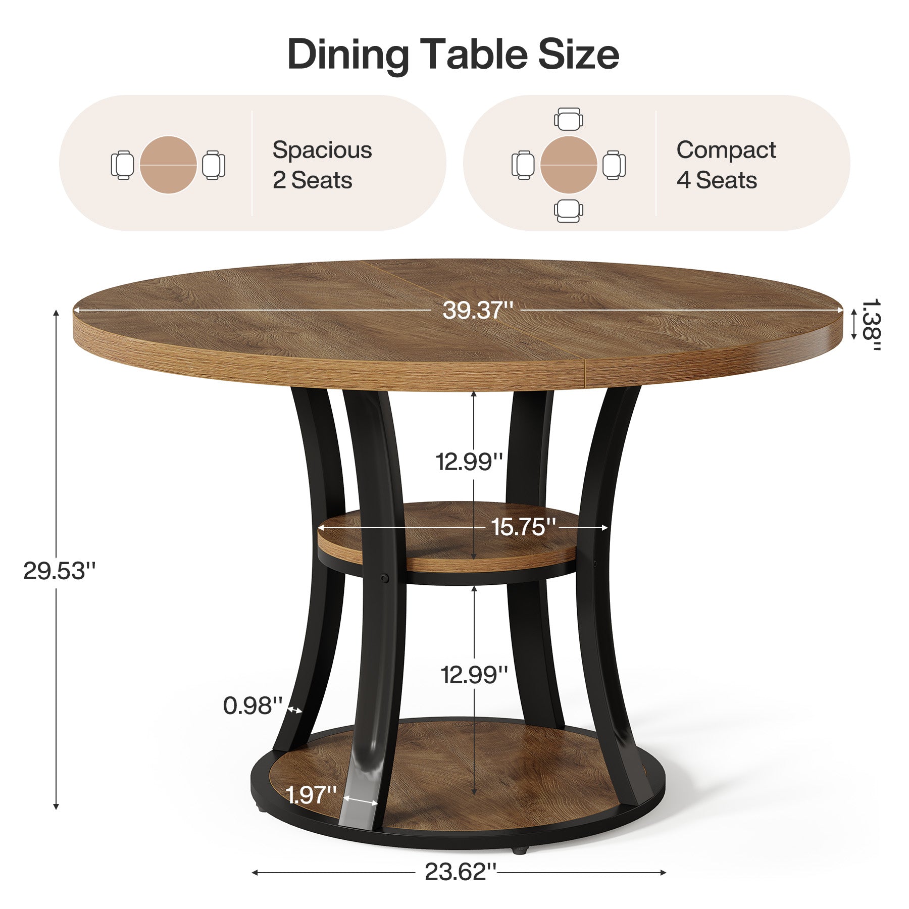 Tribesigns Table de salle à manger ronde de 100 cm, Table de cuisine de style campagnard avec rangement pour 4 personnes