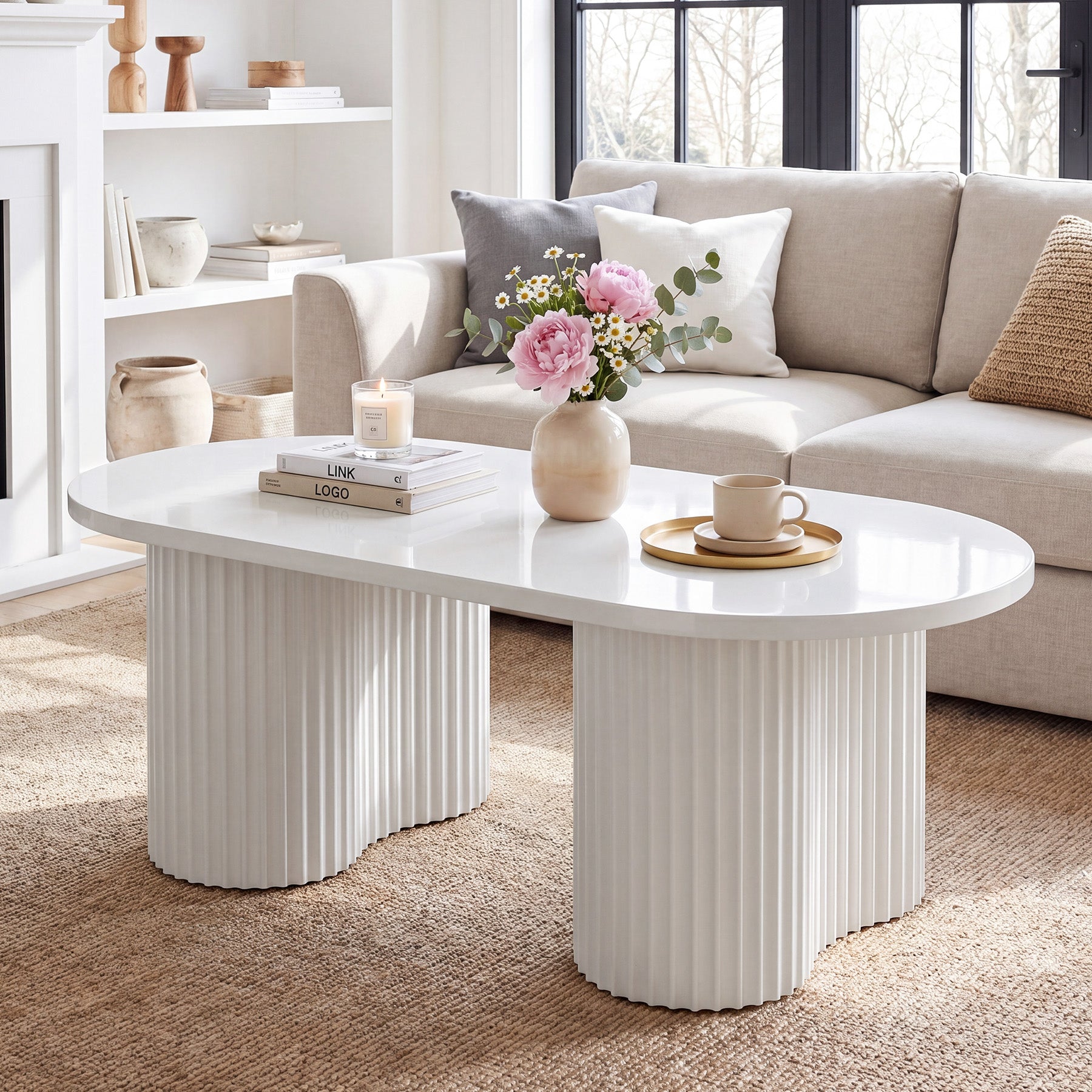 Tribesigns Table Basse Ovale de 120 cm, Table de Salon Moderne avec Surface Rainurée Minimaliste