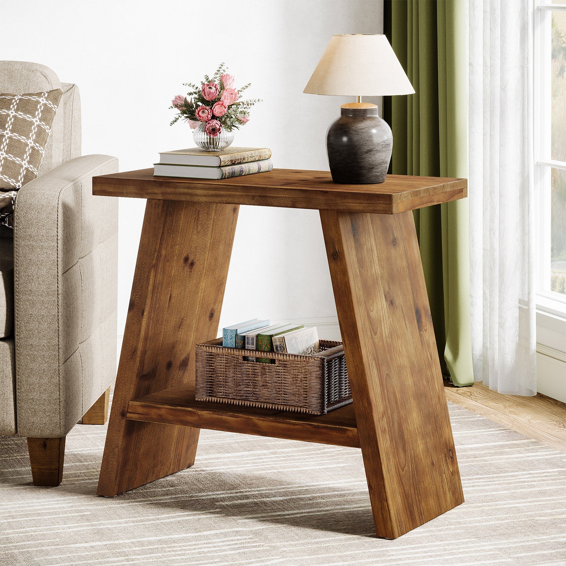 Table d'appoint étroite en bois massif (60 x 30 cm) avec rangement à 2 niveaux, Style rustique, idéale pour le salon et la chambre