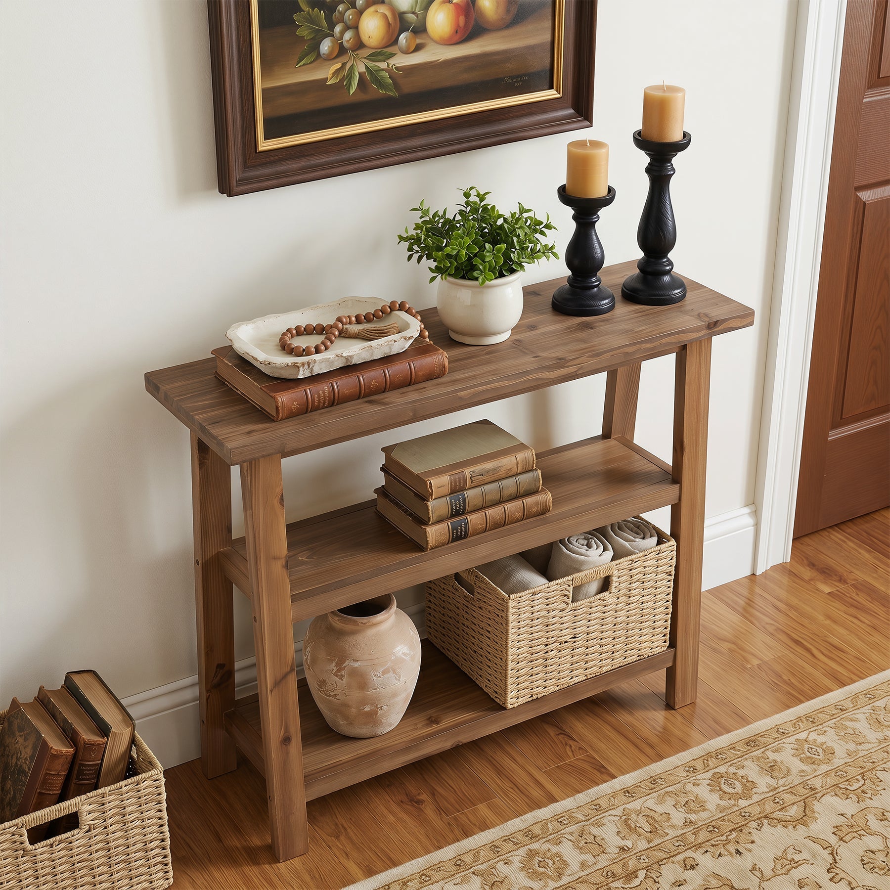 Tribesigns Console en Bois Massif 105 cm avec 2 Paniers et Étagère
