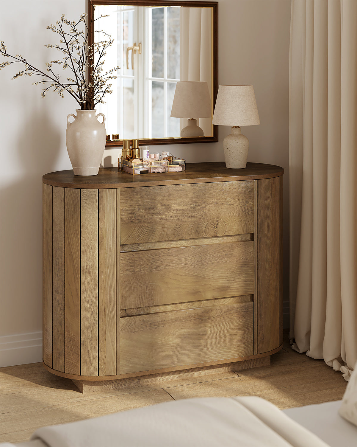 Tribesigns Commode Moderne Effet Chêne 90 cm avec 3 Tiroirs et Côtés à Lattes