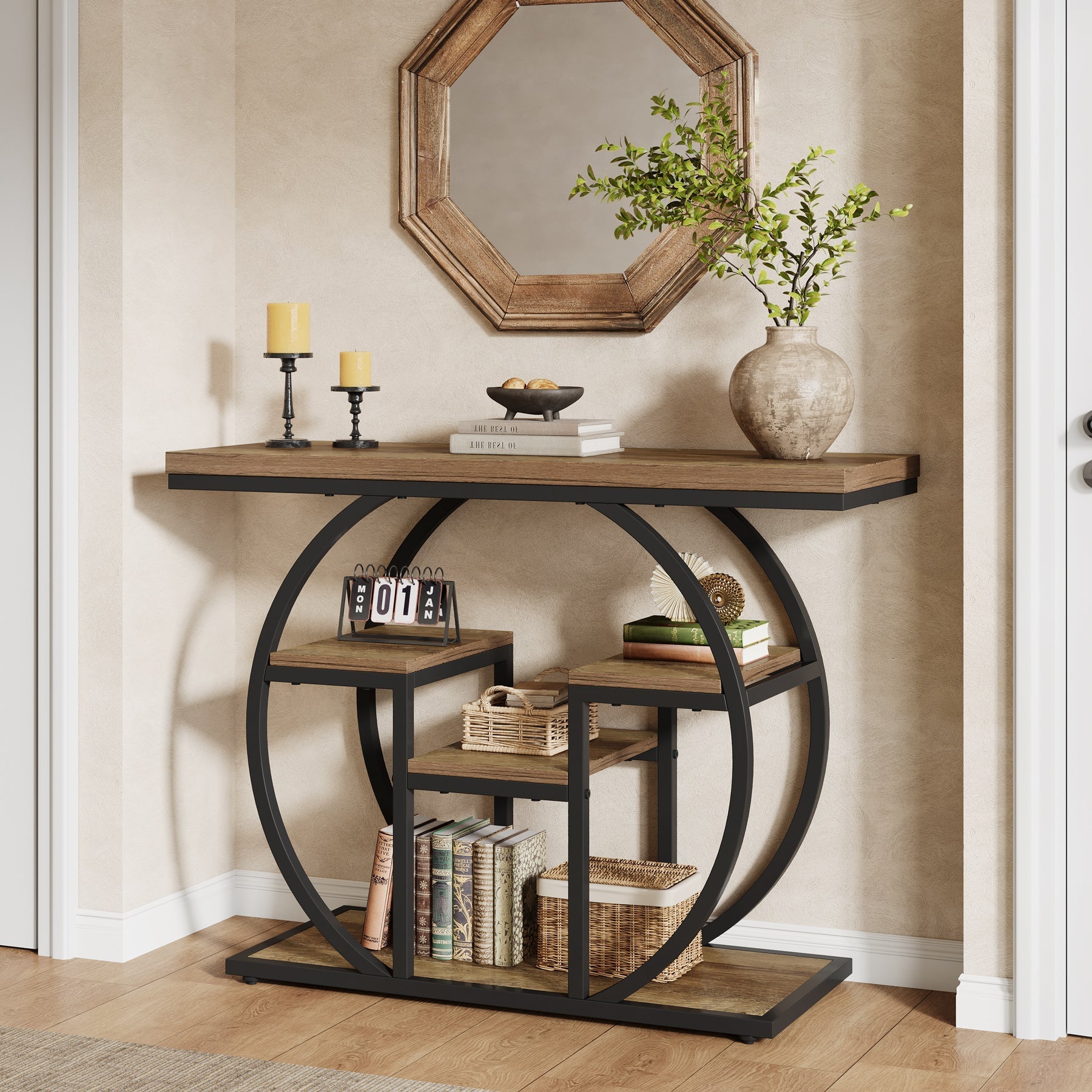 Tribesigns Console 105 cm de large avec 4 étagères, Table d'appoint de style industriel avec structure incurvée