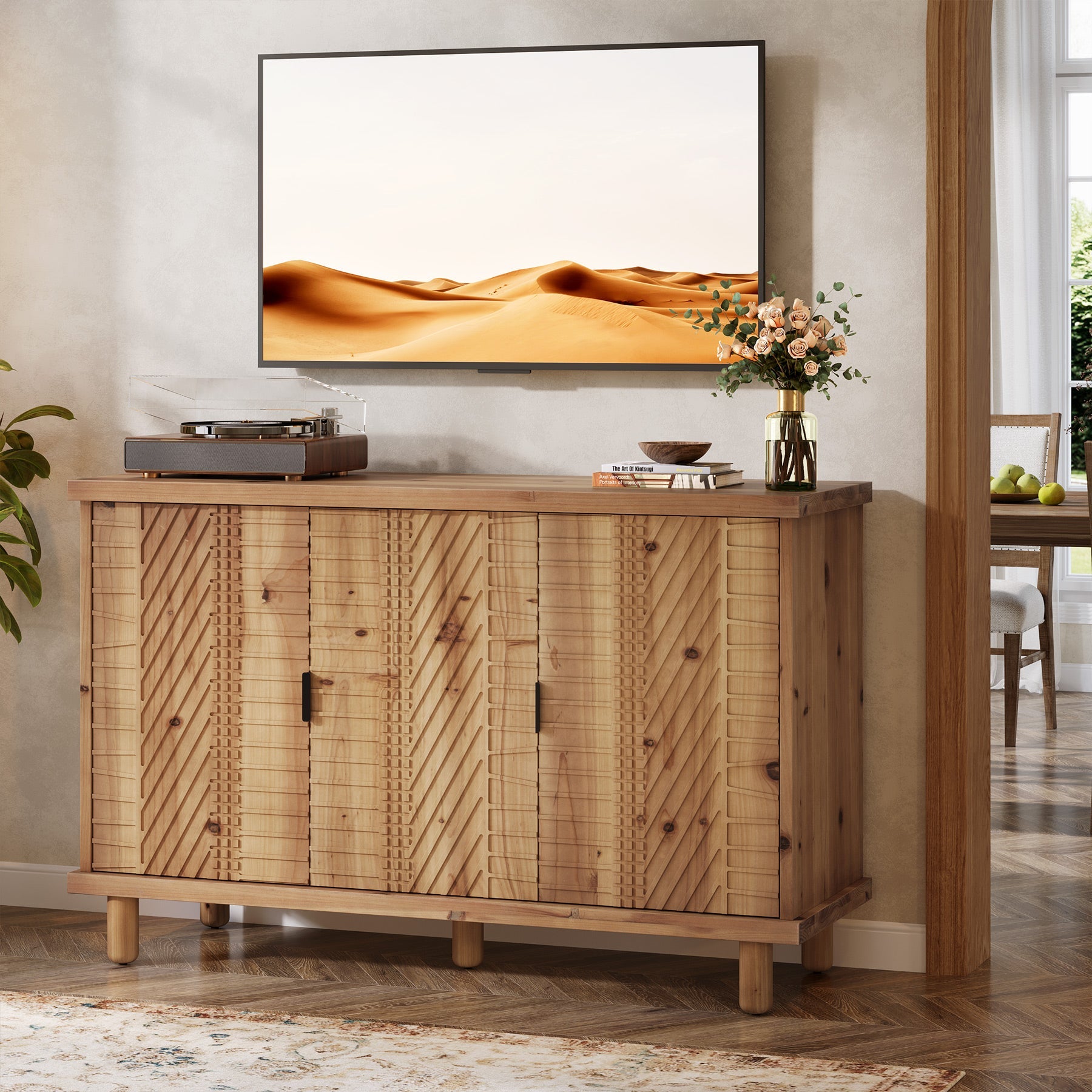 Tribesigns Buffet en Bois Massif avec Rangement, Meuble Rustique à 3 Portes et 2 Étagères Réglables