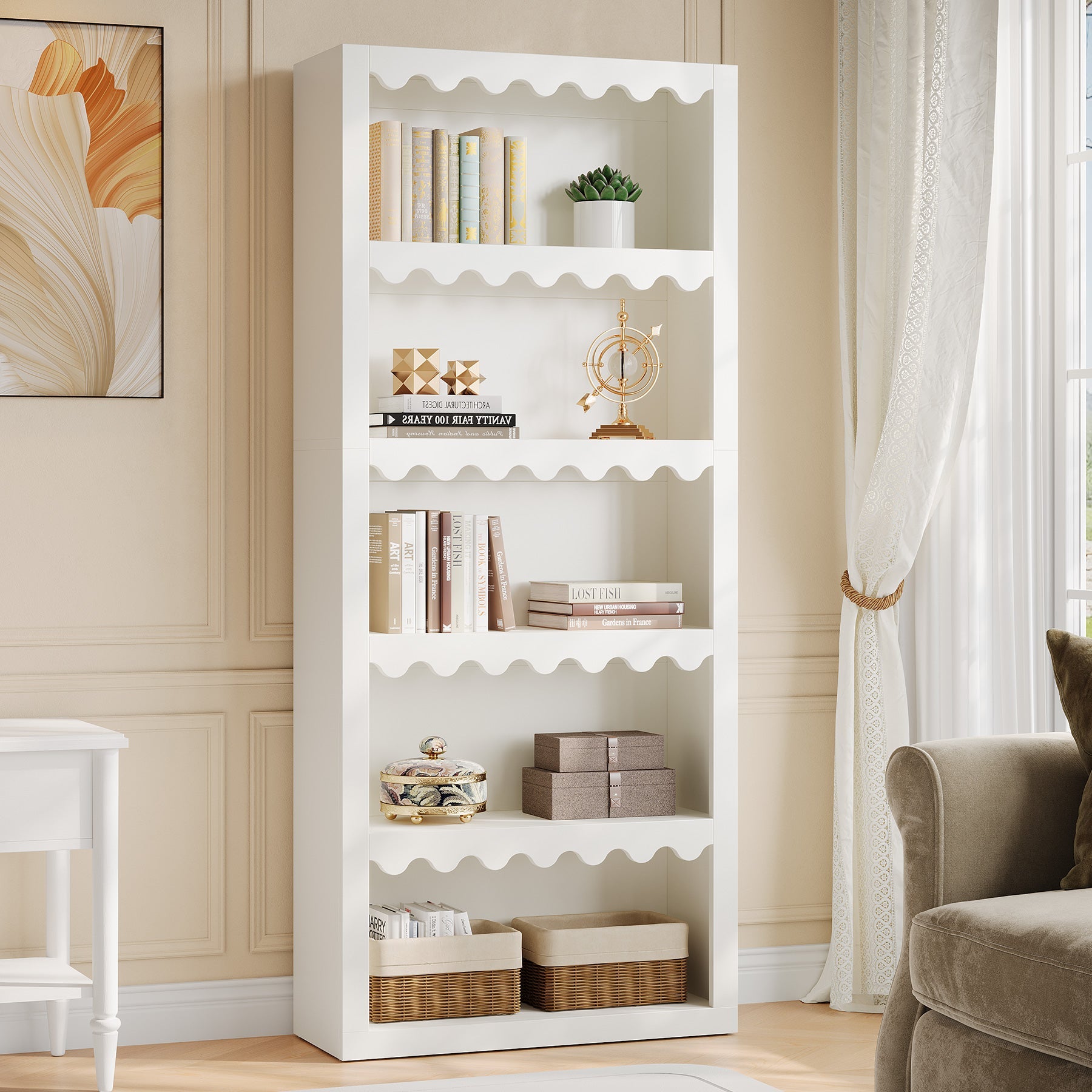 Tribesigns Bibliothèque haute de 180 cm, étagère moderne avec bords festonnés pour salon
