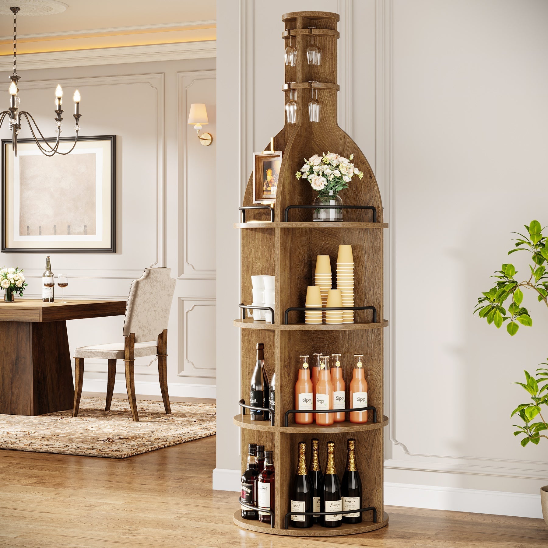 Casier à vin de 190 cm de haut avec étagères de rangement, Meuble à vin rond de style industriel avec porte-verres