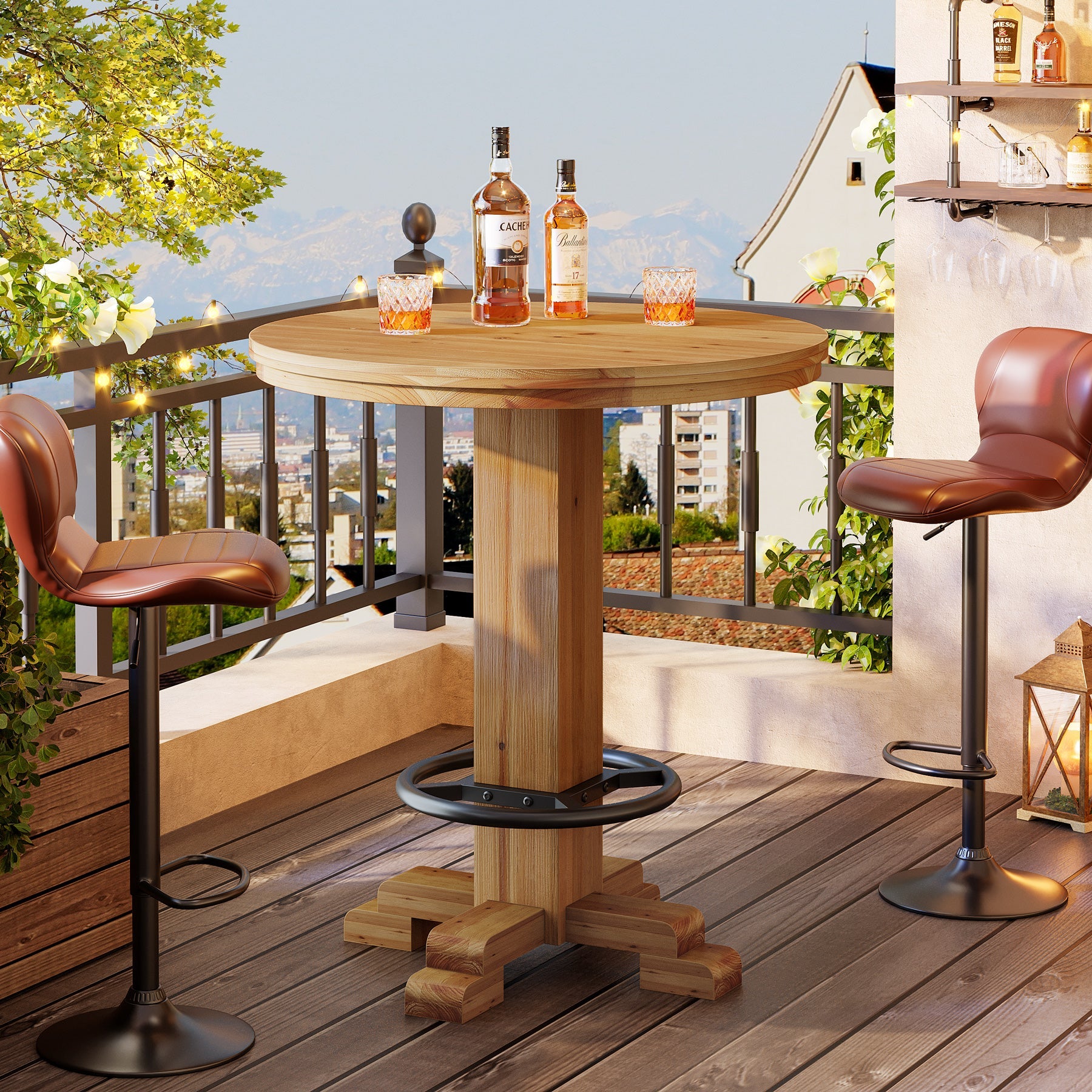 Tribesigns Table de Bar Ronde en Bois Massif, Table de Bistro Haute 95 cm