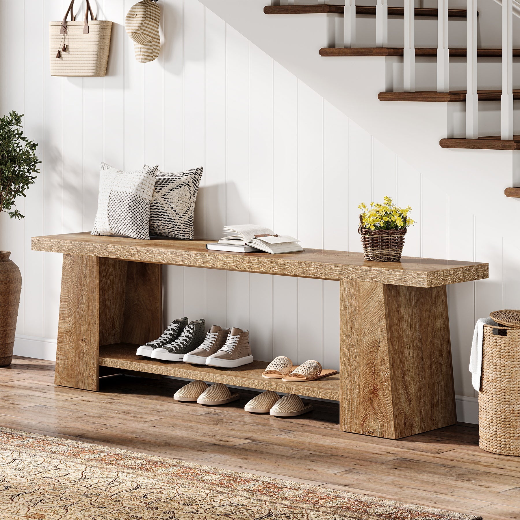 Tribesigns Banc à Chaussures 150 cm, Banc en Bois à 2 Niveaux avec Rangement