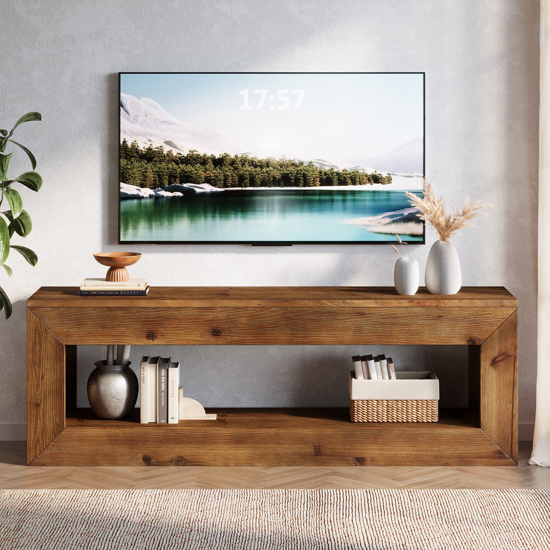 Tribesigns Meuble TV de 120 cm en Bois Massif avec Rangement, Meuble Bas Rustique pour Équipements Multimédias