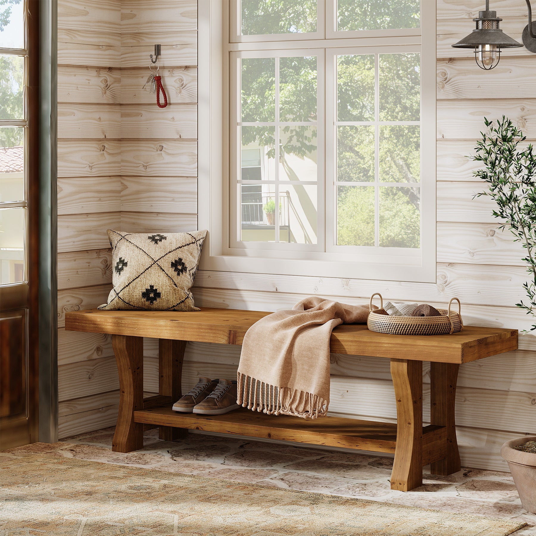 Tribesigns Banc en Bois Massif de 140 cm, Long Banc Style Rustique avec Rangement