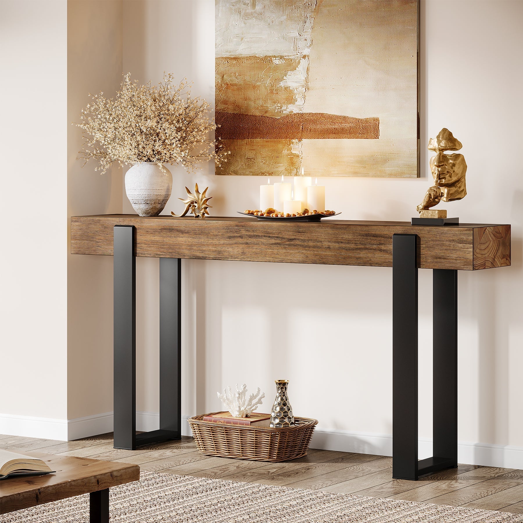 Tribesigns Console en bois massif avec pieds en métal (160 x 30 cm)