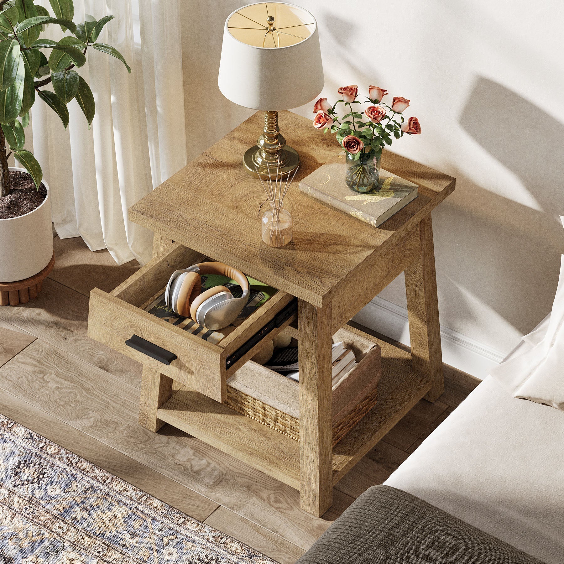 Tribesigns Table de Chevet avec Tiroir et Étagère, Table d’Appoint Style Campagne pour Chambre et Salon